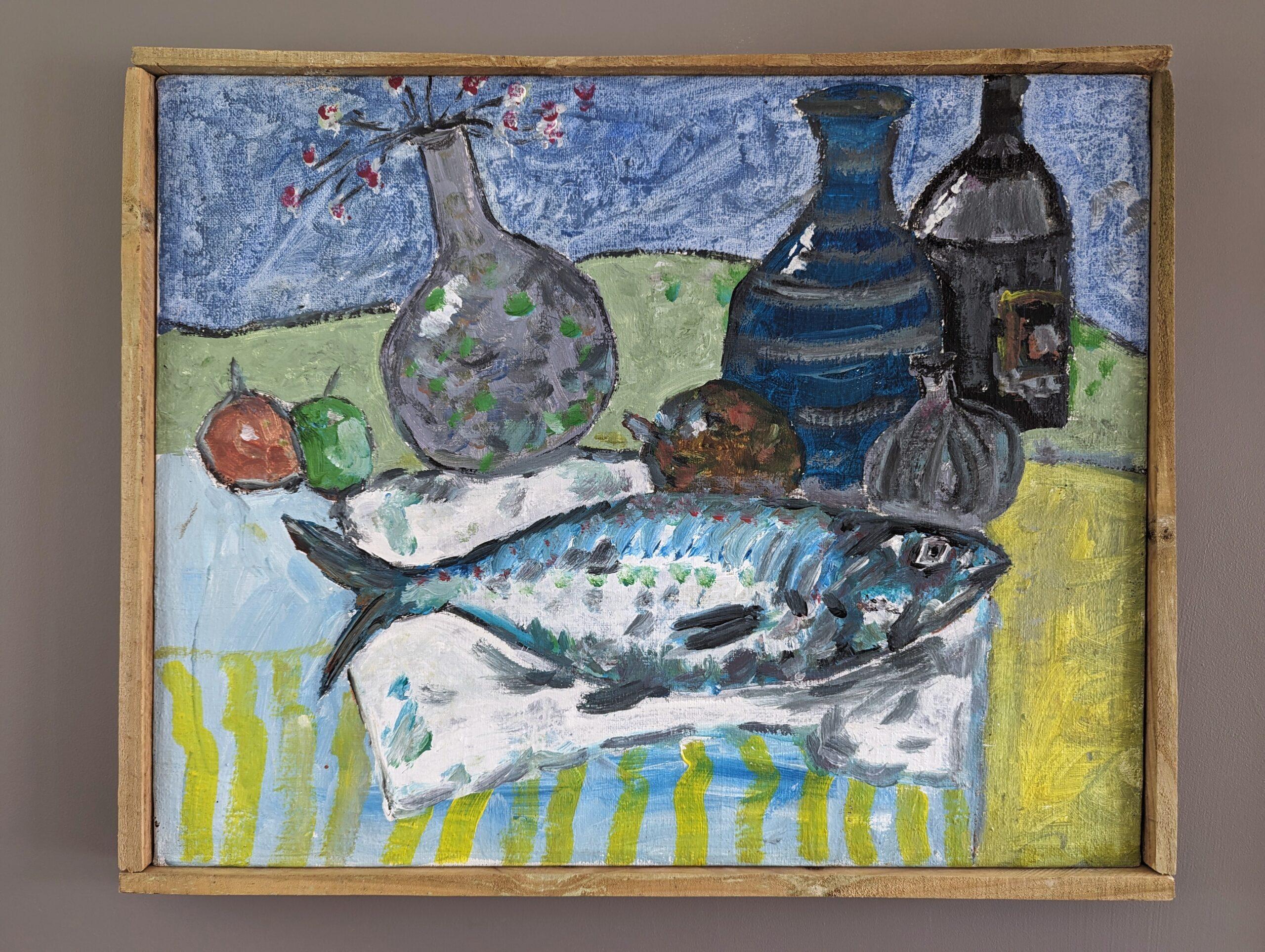 Nature morte à l'huile originale de style moderniste - Poisson sur un plateau - Painting de Unknown