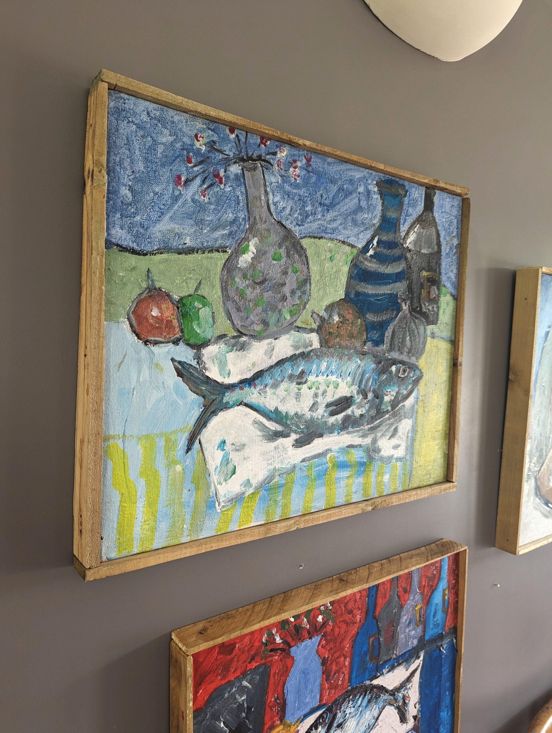 Nature morte à l'huile originale de style moderniste - Poisson sur un plateau 1