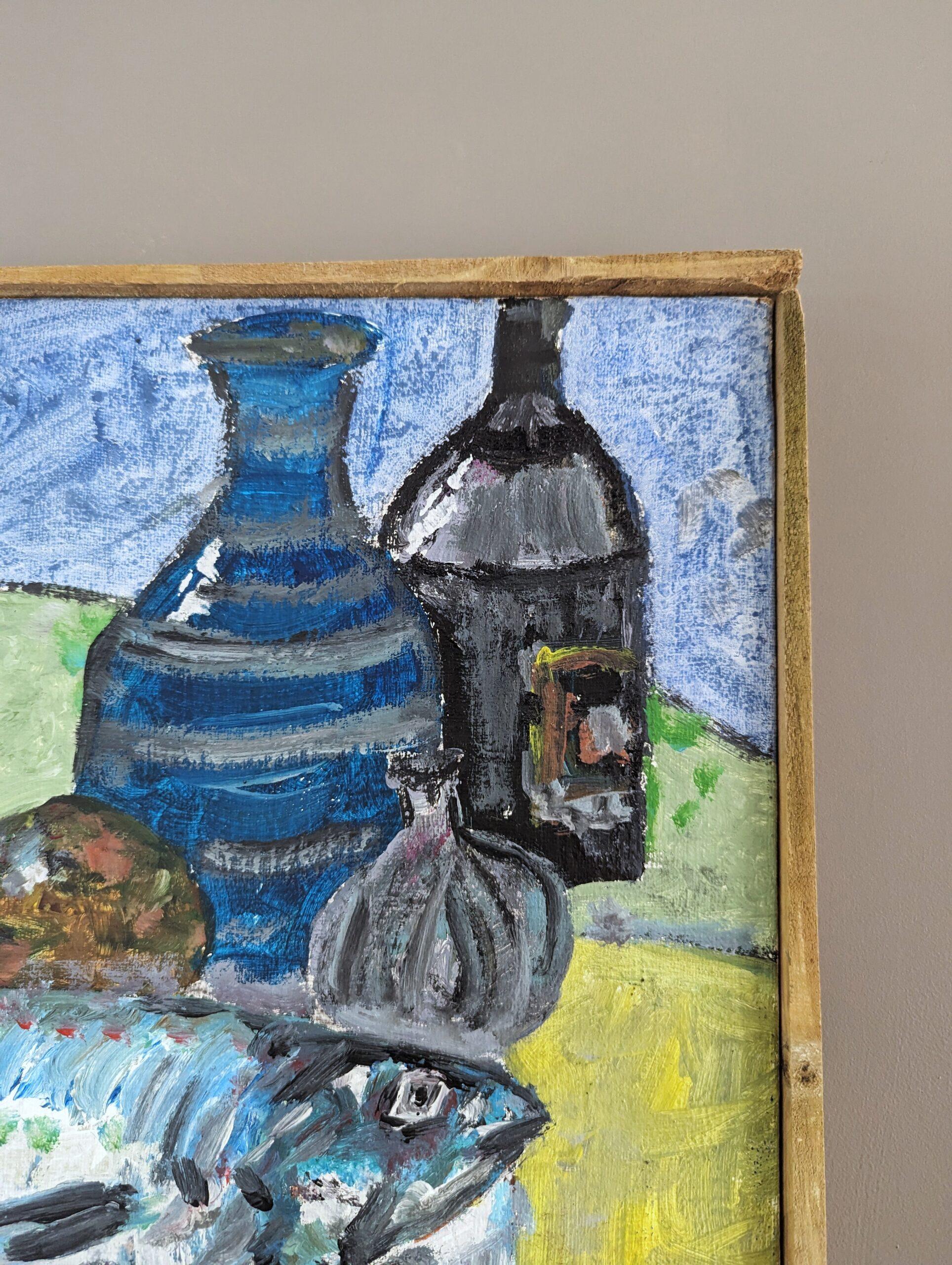 Nature morte à l'huile originale de style moderniste - Poisson sur un plateau 4