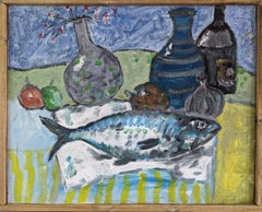 Original-Ölgemälde im modernistischen Stil des Stilllebens, Ölgemälde – Fisch auf einer Platte
