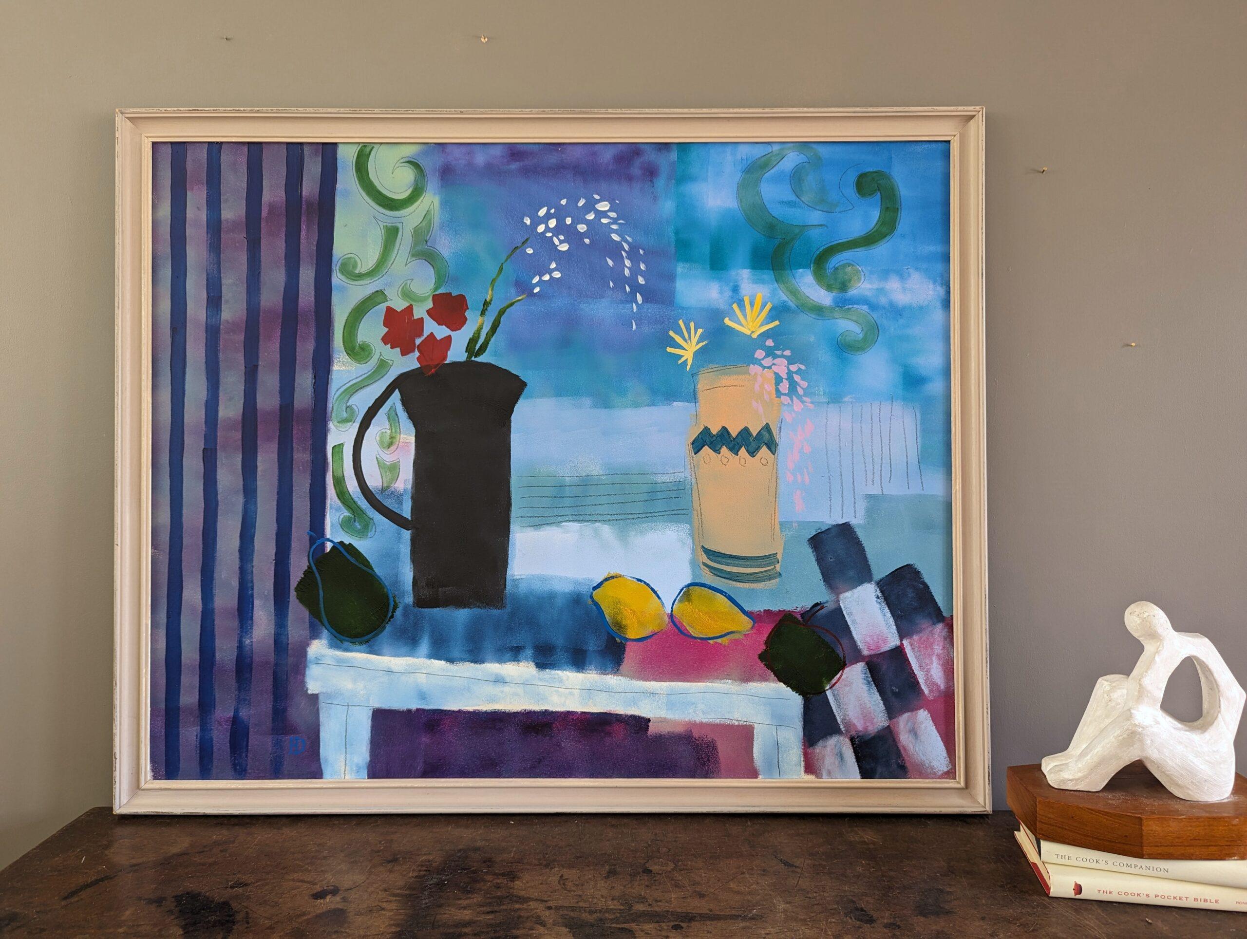 Pintura al óleo original de bodegón de estilo modernista - Flores y damas - Painting Moderno de Unknown
