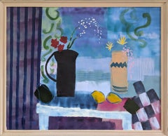 Original Modernist Style Still Life Oil Painting - Flowers & Checkers