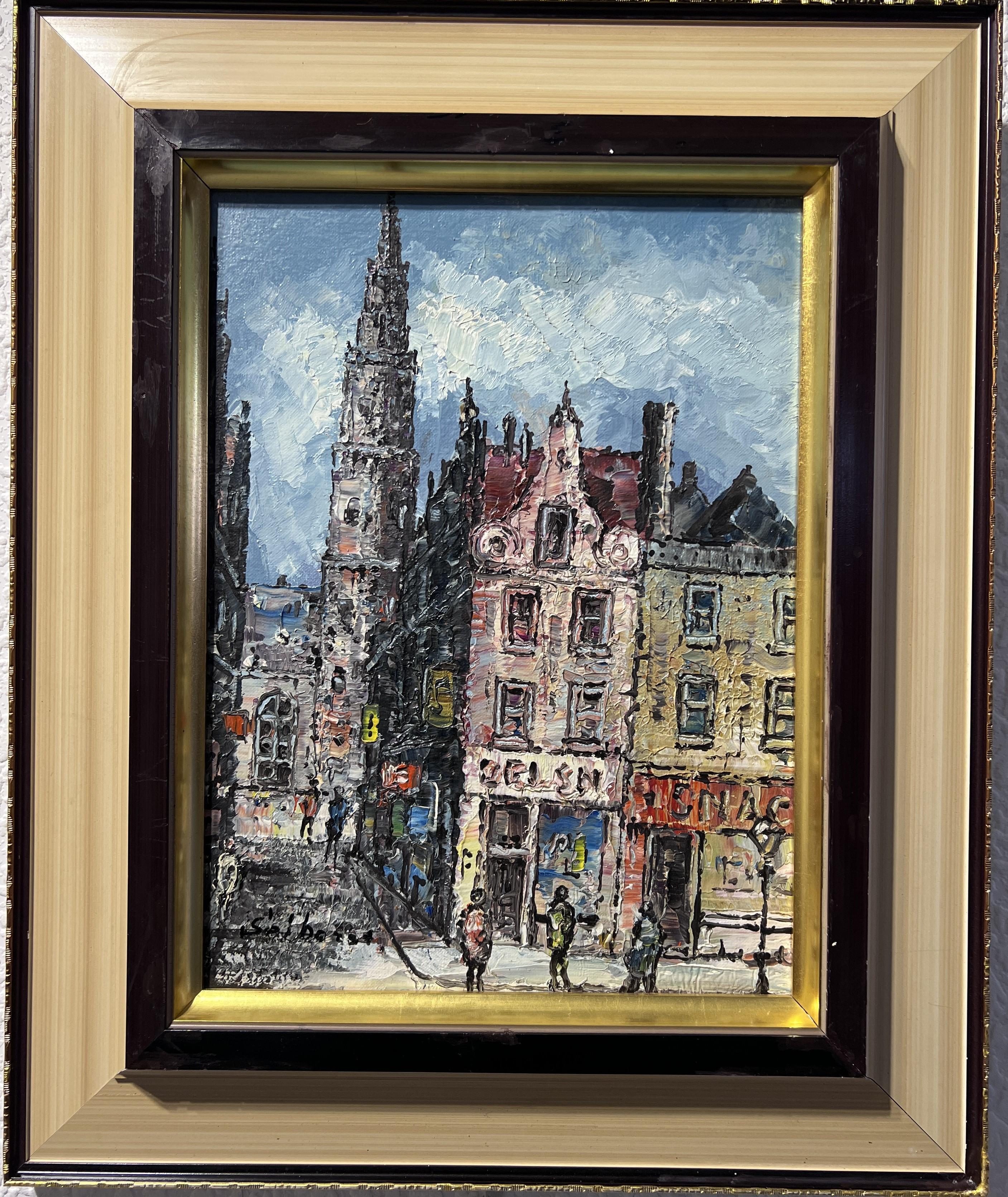 Dipinto originale a olio/acrilico su tela Paesaggio urbano europeo, firmato, incorniciato 11