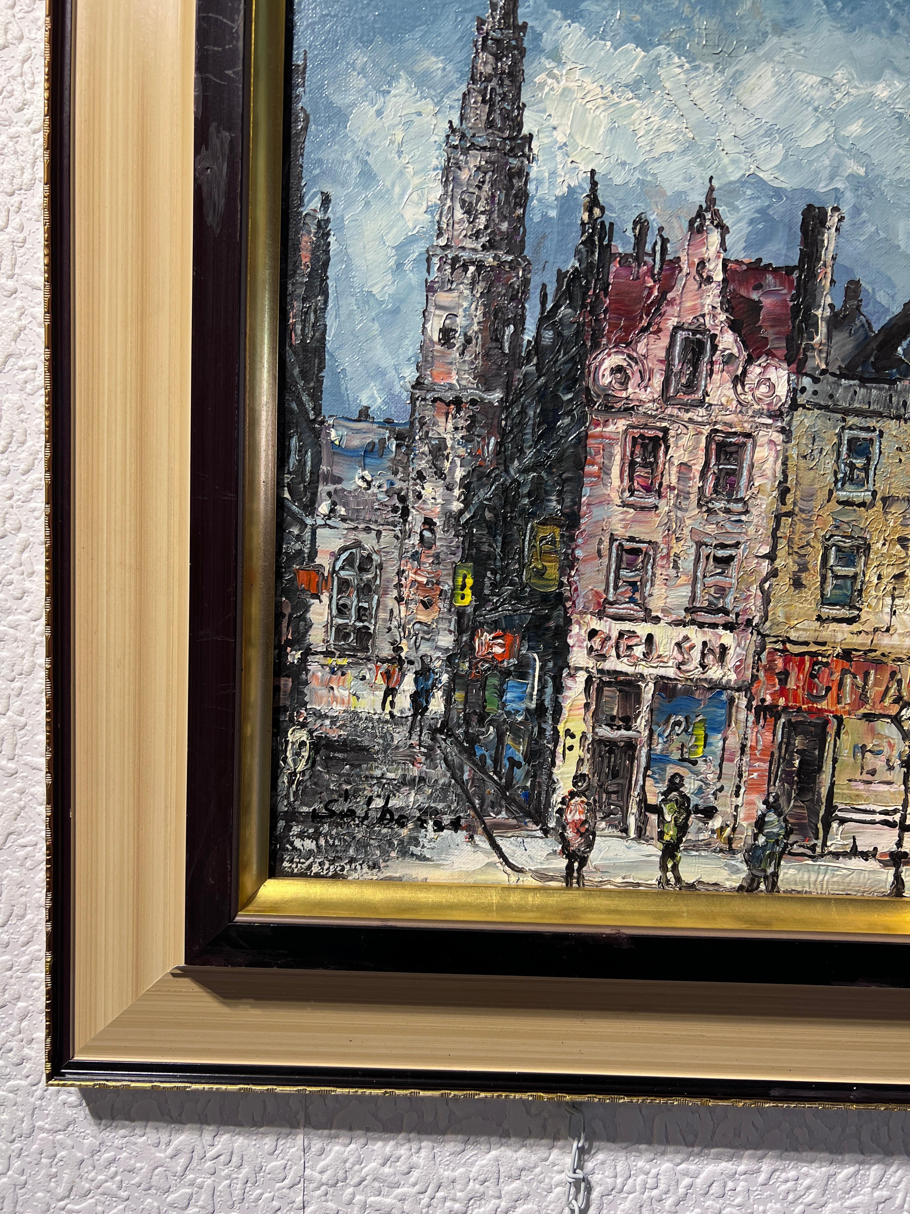 
In vendita c'è un bellissimo dipinto originale a olio/acrilico su tela, raffigurante un paesaggio urbano europeo sconosciuto. 
Firmato nell'angolo in basso a sinistra ma difficilmente leggibile. 
Ben incorniciato. La cornice presenta alcune aree