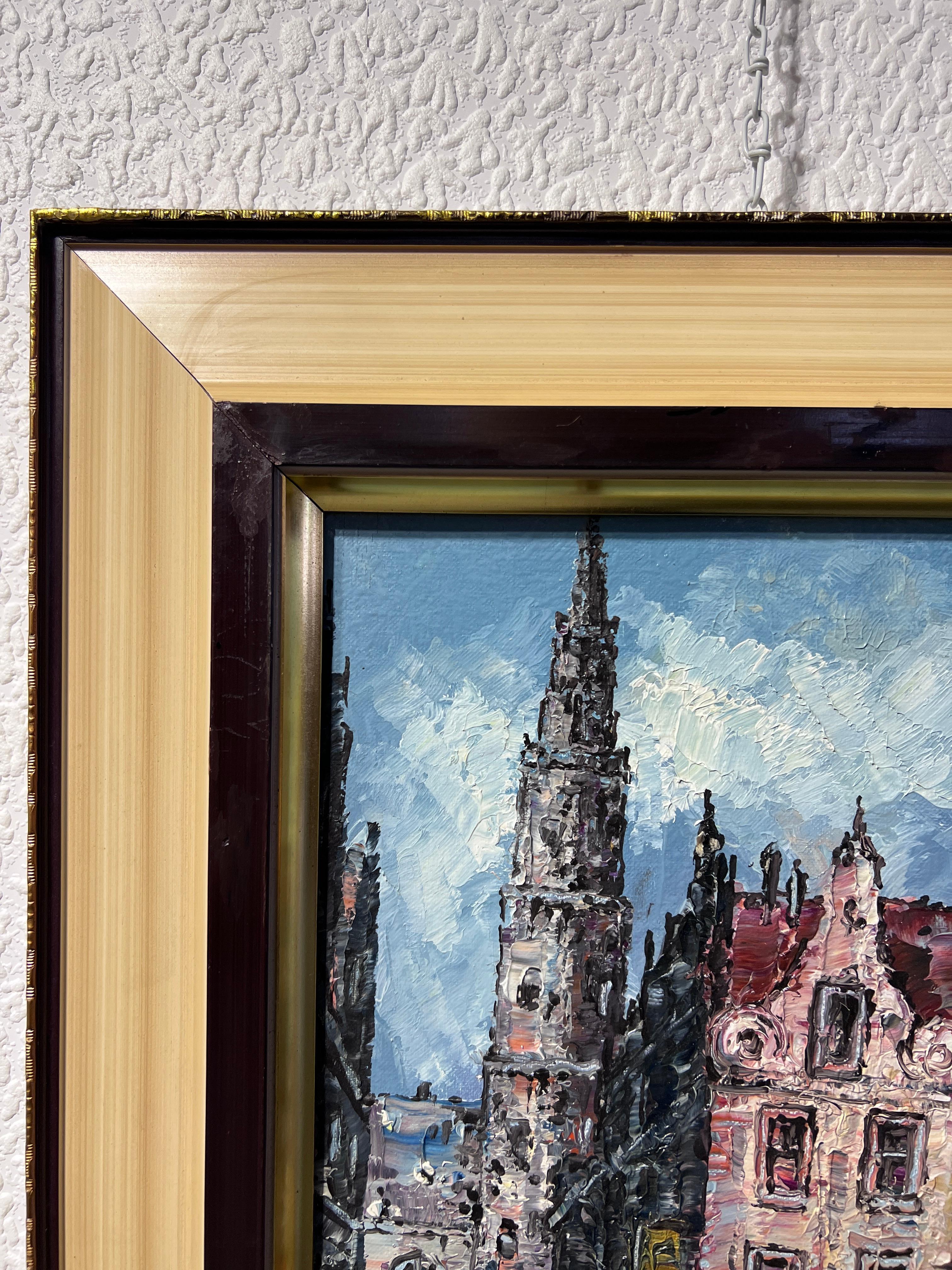 Dipinto originale a olio/acrilico su tela Paesaggio urbano europeo, firmato, incorniciato 1