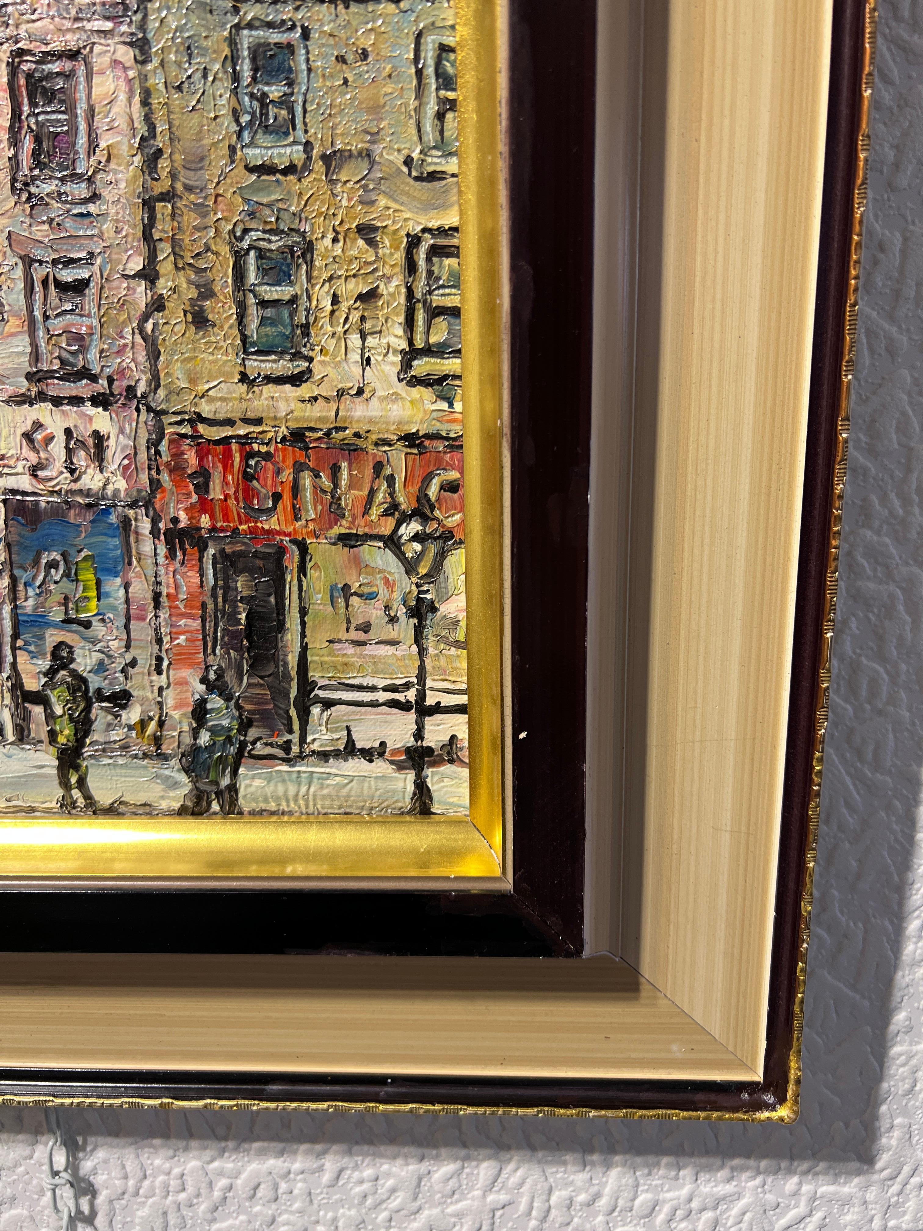 Dipinto originale a olio/acrilico su tela Paesaggio urbano europeo, firmato, incorniciato 3