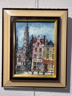 Dipinto originale a olio/acrilico su tela Paesaggio urbano europeo, firmato, incorniciato