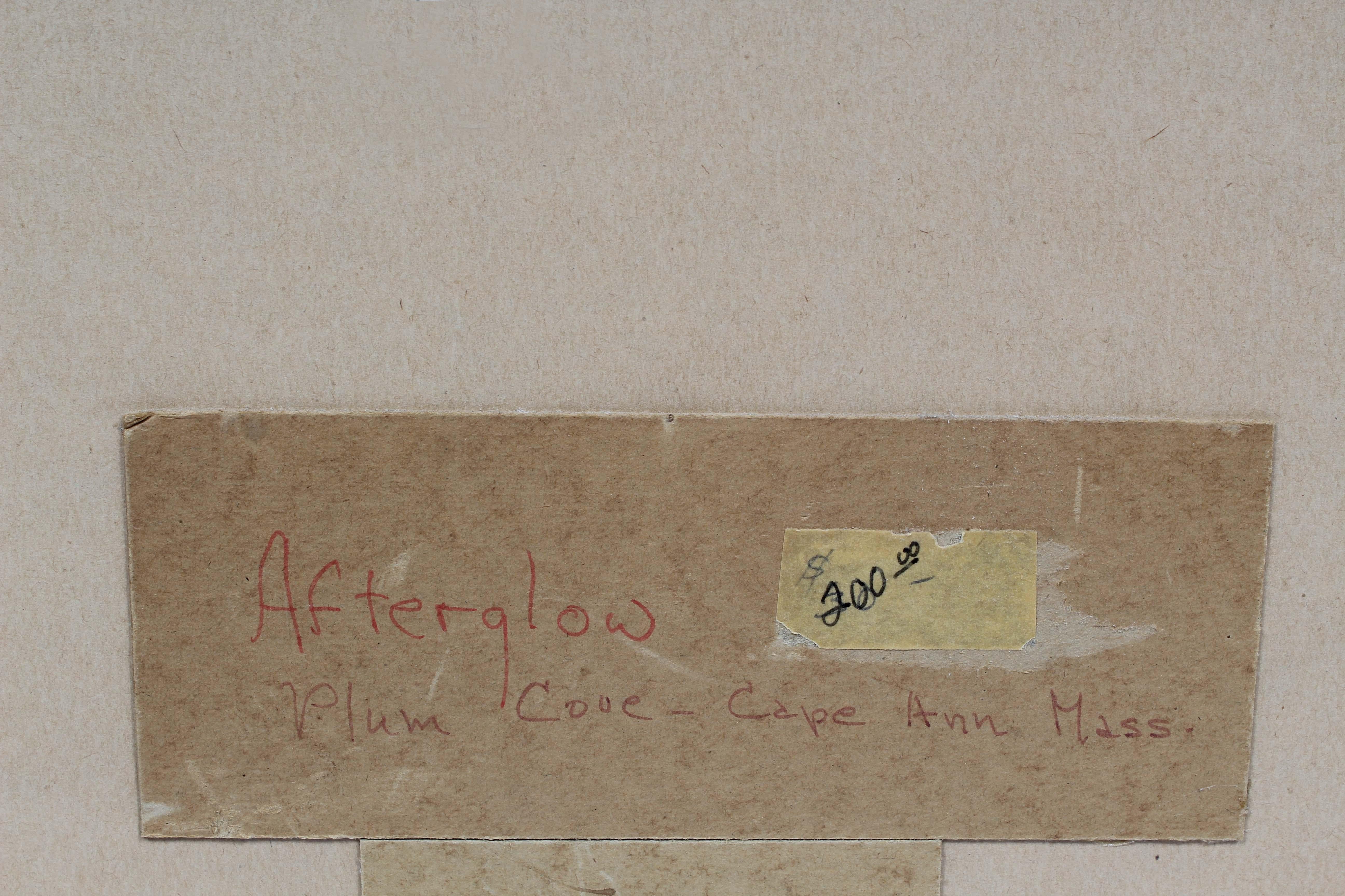 Diese heitere Hafenszene, die an den lyrischen Realismus der Gloucester School erinnert, fängt die stille Poesie des Küstenlebens ein. Zwei Gestalten bereiten ihr kleines Boot vor, während das Abendlicht die Bucht in Gold färbt, während die Boote