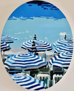Original oil painting beach parasols BLUE DREAM by Carole Grandgirard France