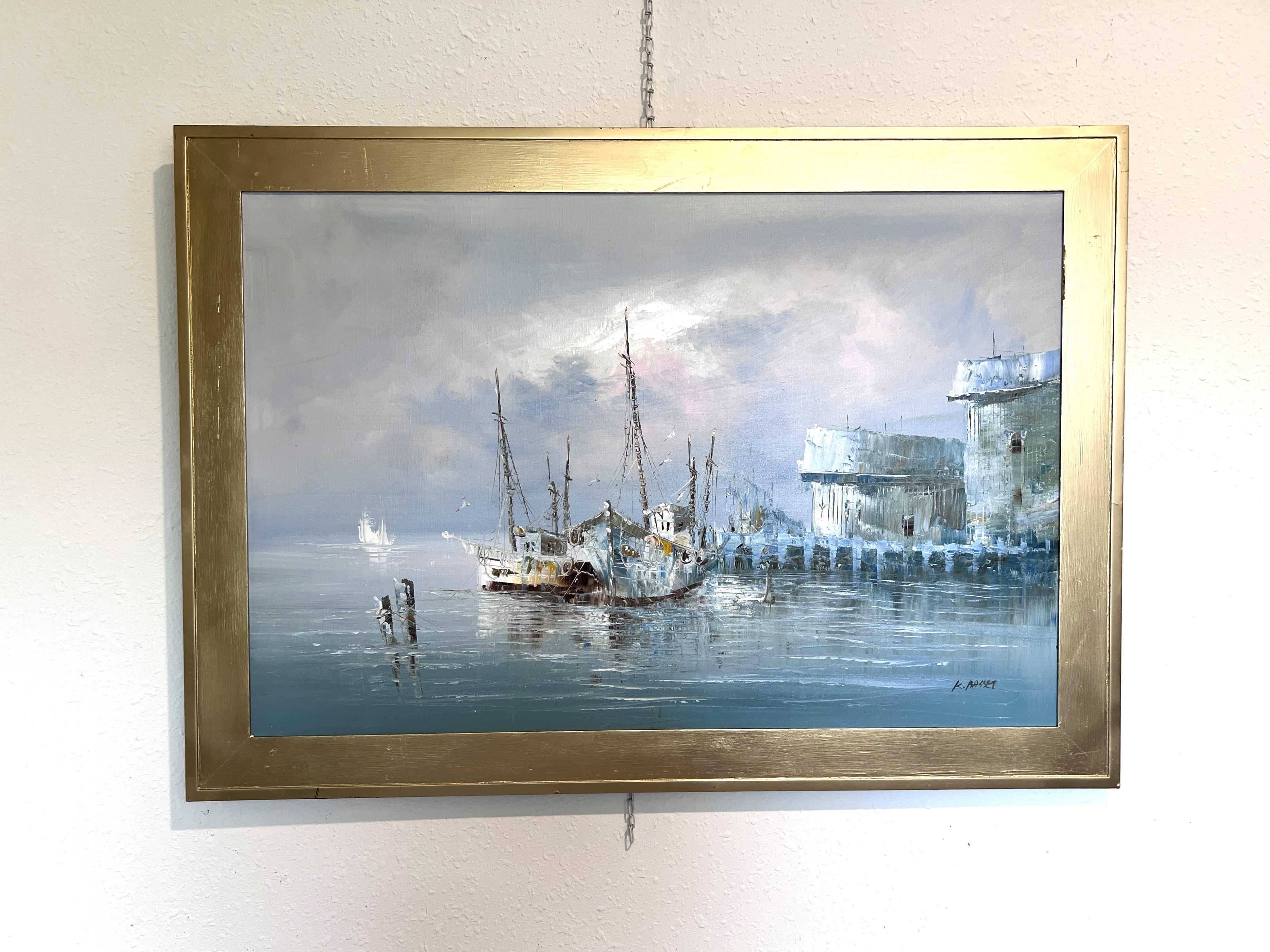 Original Oil Painting by K. Rasset  Seascape Harbor Scene  Vintage Maritime Ar - Gray Landscape Painting by Unknown