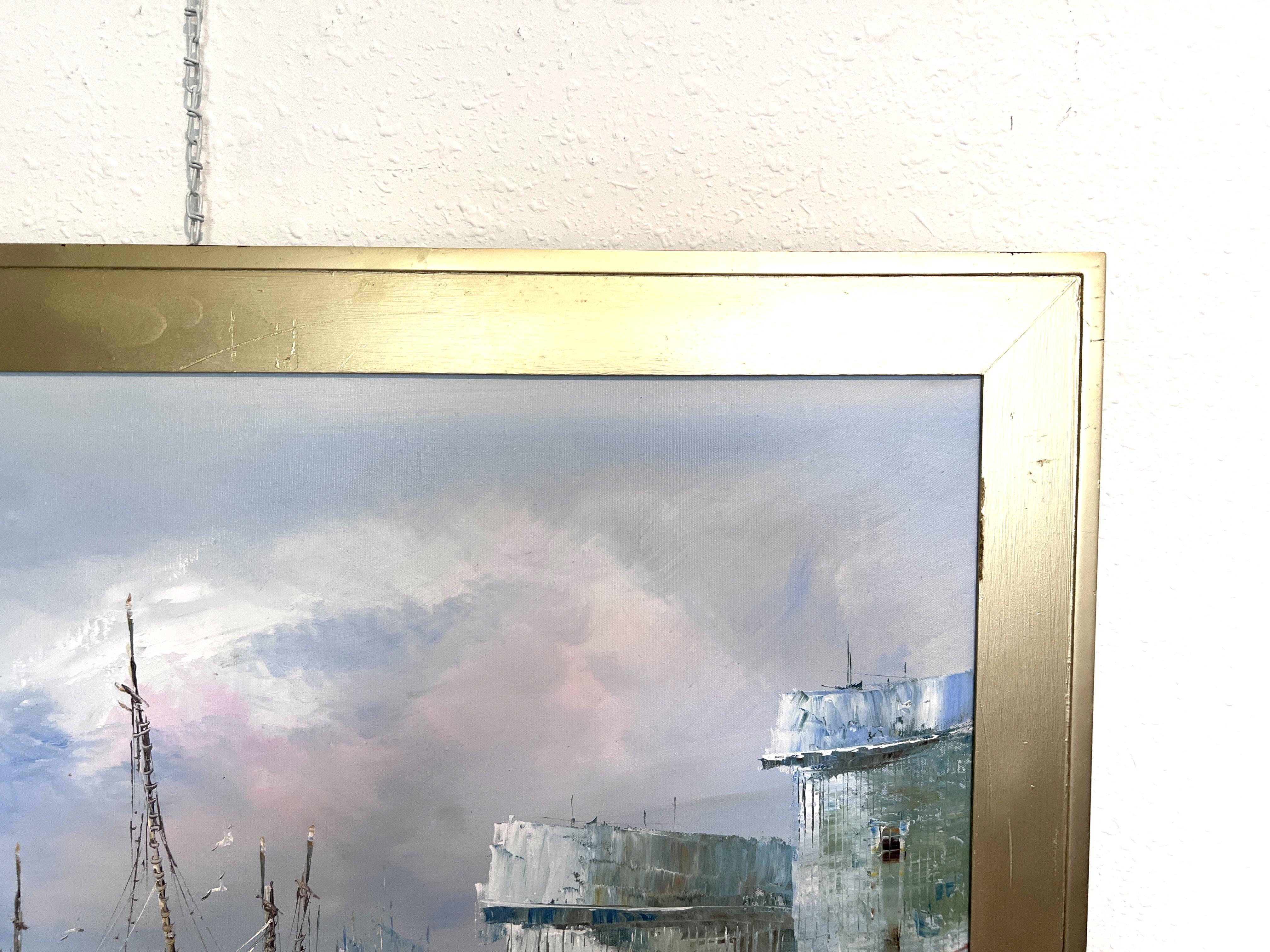 Original Oil Painting by K. Rasset  Seascape Harbor Scene  Vintage Maritime Ar For Sale 3