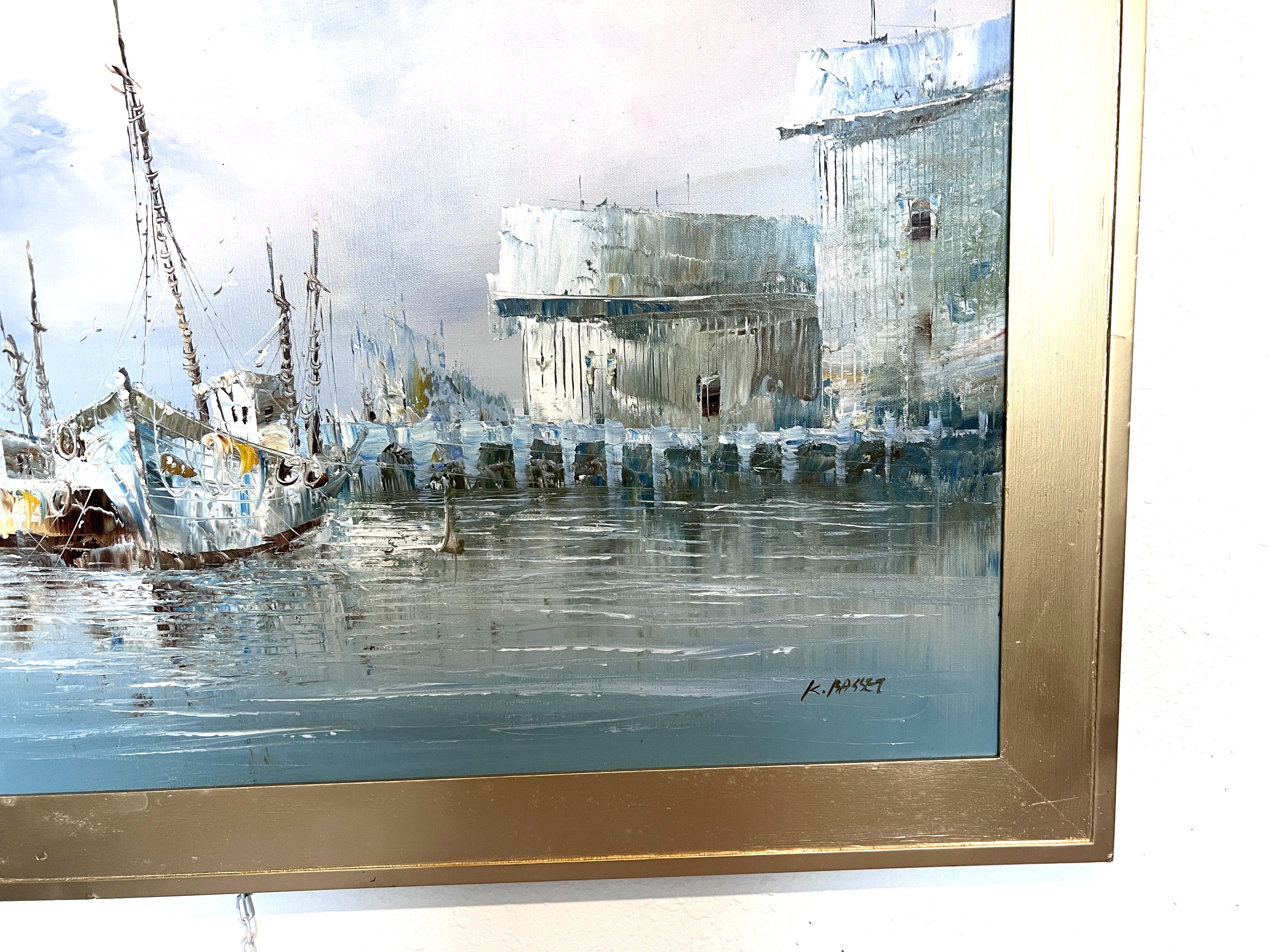 Original Oil Painting by K. Rasset  Seascape Harbor Scene  Vintage Maritime Ar For Sale 4