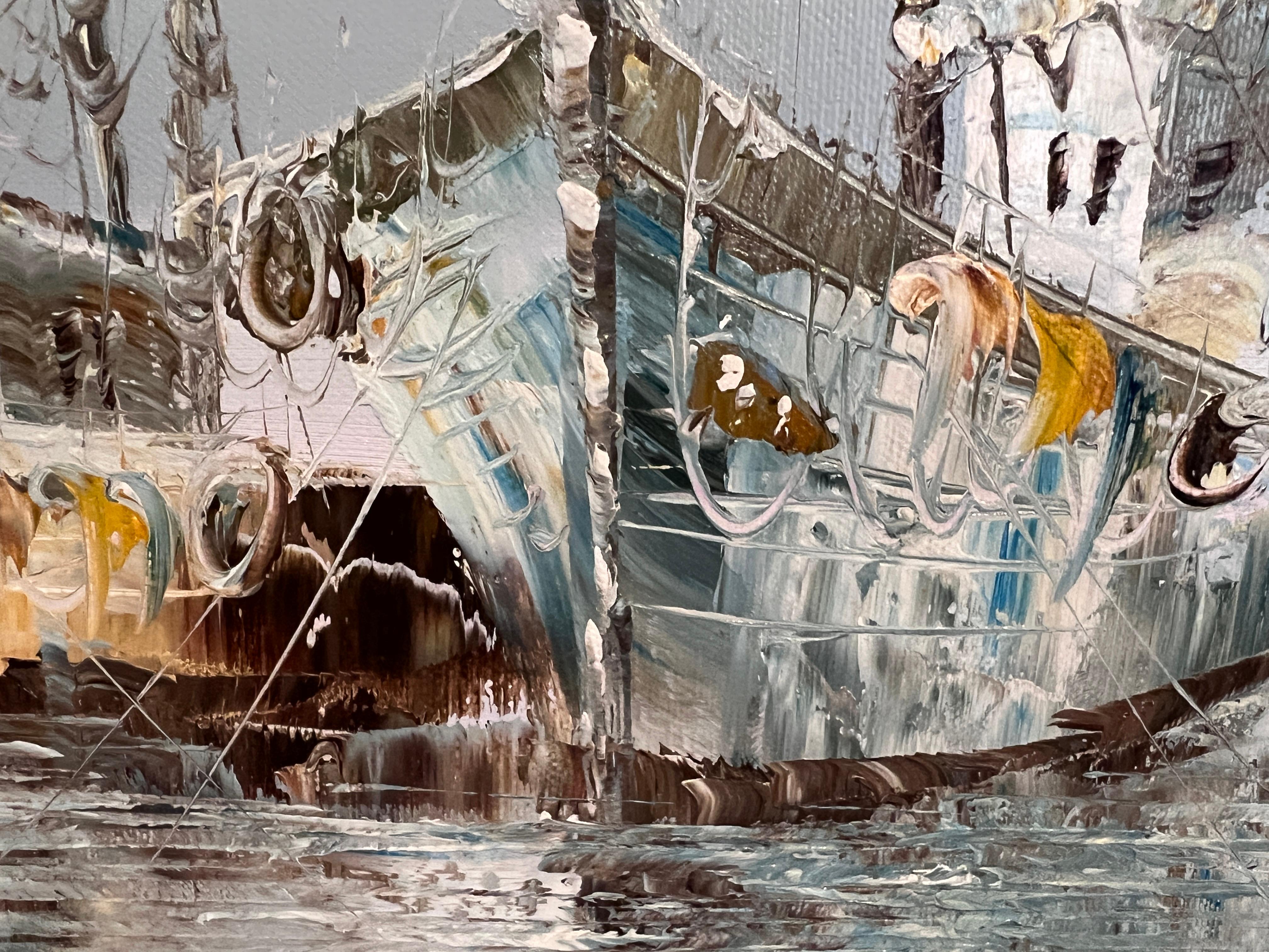 Original Oil Painting by K. Rasset  Seascape Harbor Scene  Vintage Maritime Ar For Sale 6