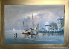 Original Oil Painting by K. Rasset  Seascape Harbor Scene  Vintage Maritime Ar