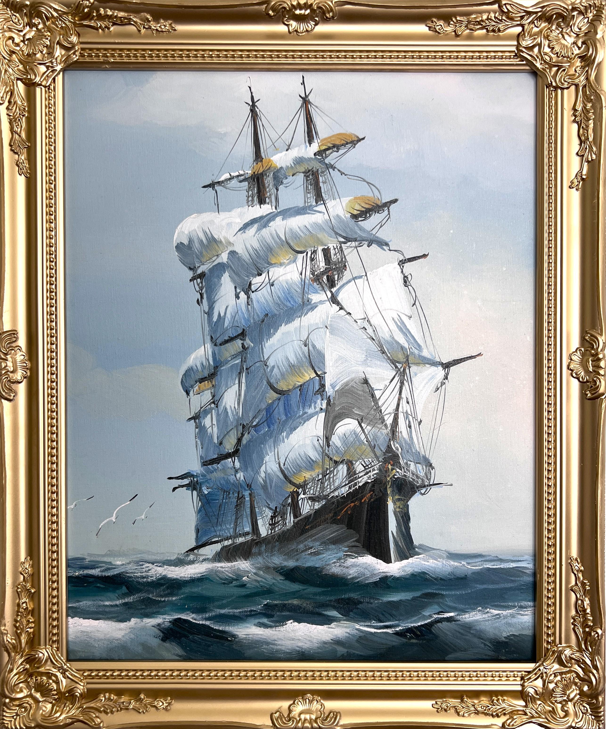 Original Ölgemälde, Clipper Ship at Sea, nautische maritime Meereslandschaft, gerahmt