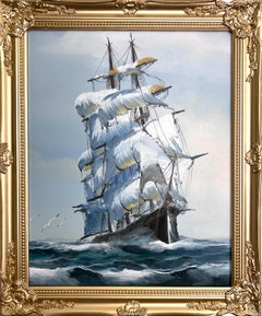 Original Oil Painting Clipper Ship at Sea Nautical Maritime Seascape Framed