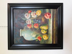 Original Oil Painting Floral Still Life Vase Fruit Signed Impressionist Style