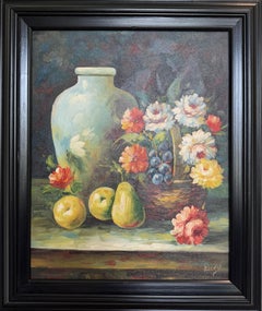Original Oil Painting Floral Still Life Vase Fruit Signed Impressionist Style