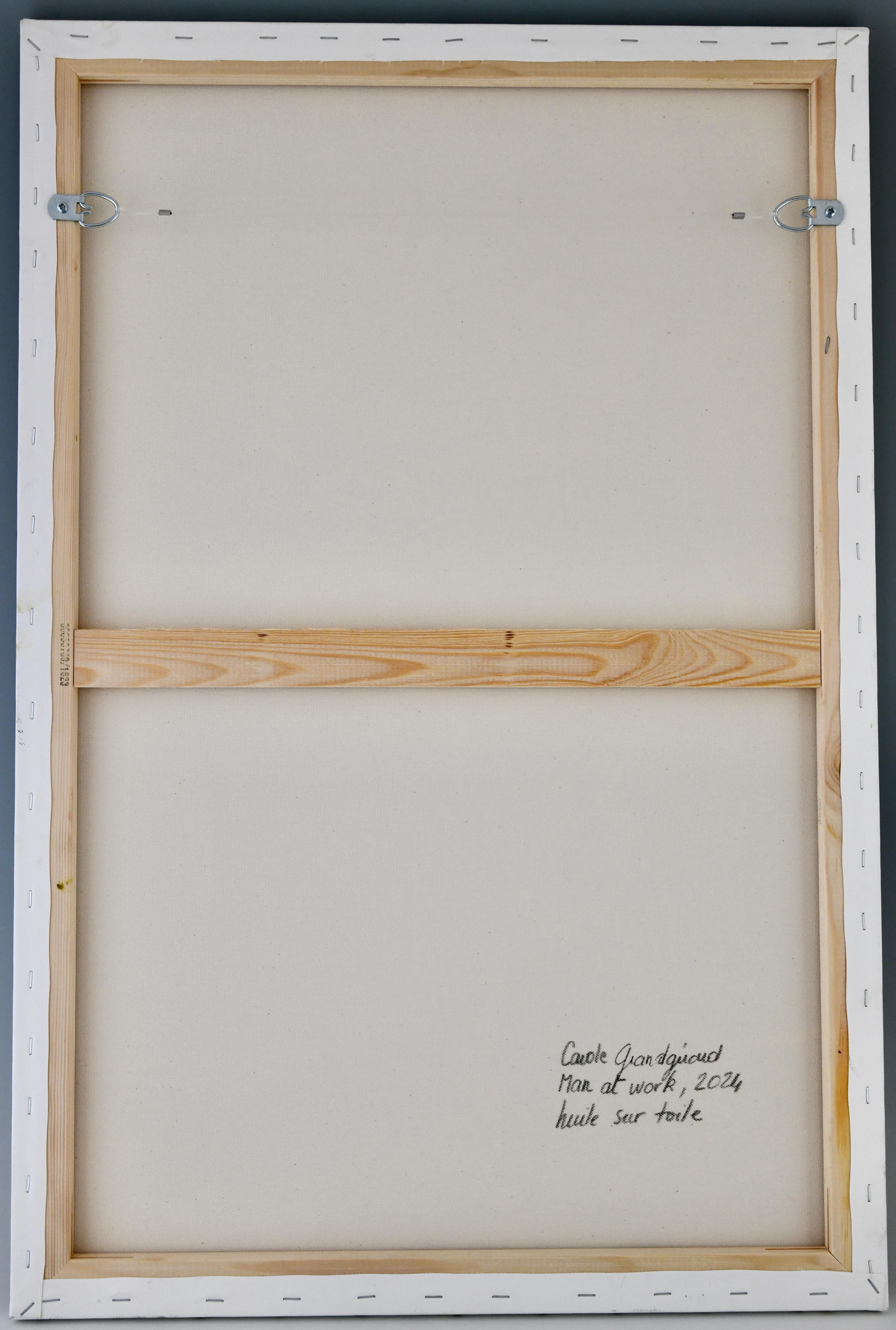 Malerei MAN AT WORK. 
Von Carole Grandgirard, Titel und Signatur auf der Rückseite der Leinwand. 
Öl auf Leinwand. 
Contemporary, Frankreich 2024. 
Carole Grandgirard ist eine 1972 geborene französische Malerin. Ihre Leidenschaft für die Kunst