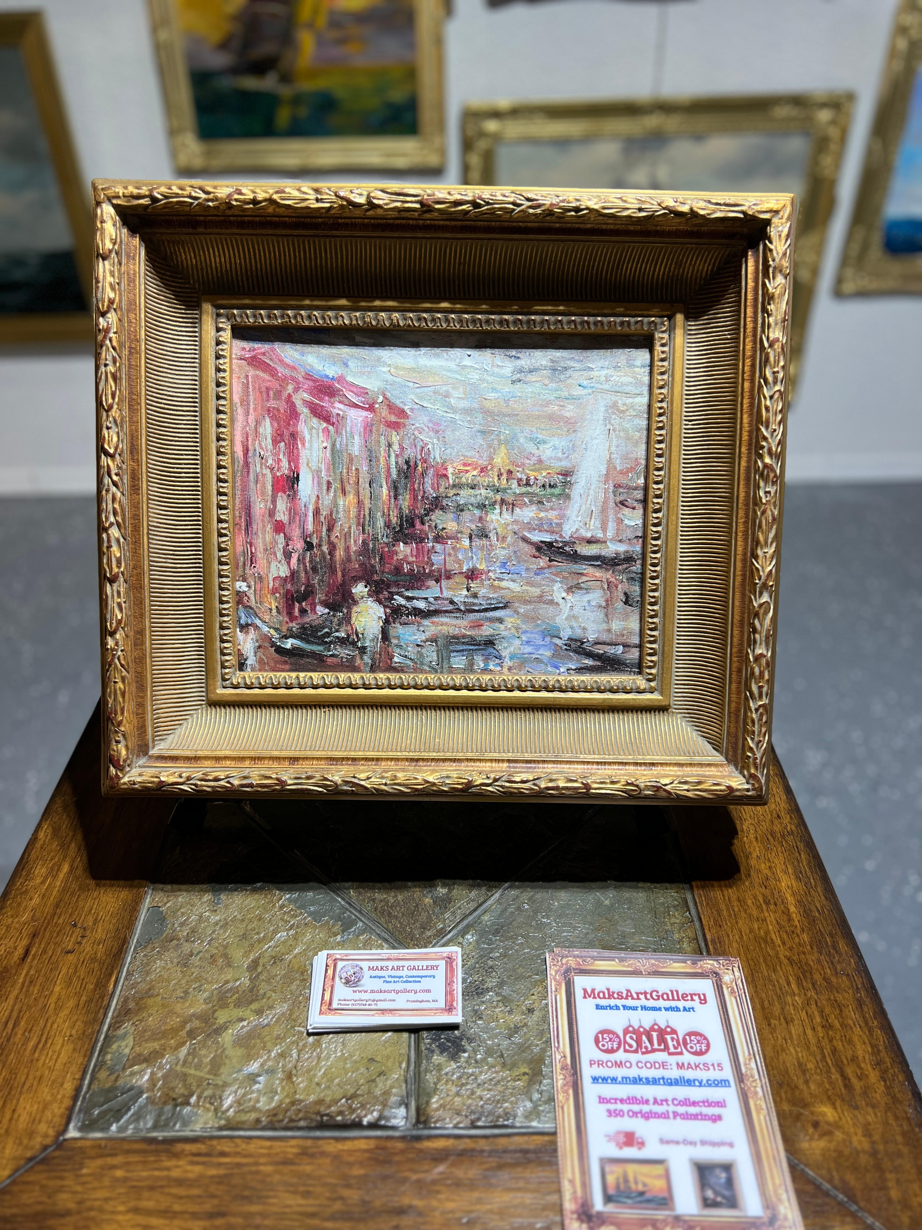 Unknown Original oil painting on board, Cityscape, Signed, Gold Frame