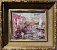 Original oil painting on board, Cityscape, Signed, Gold Frame