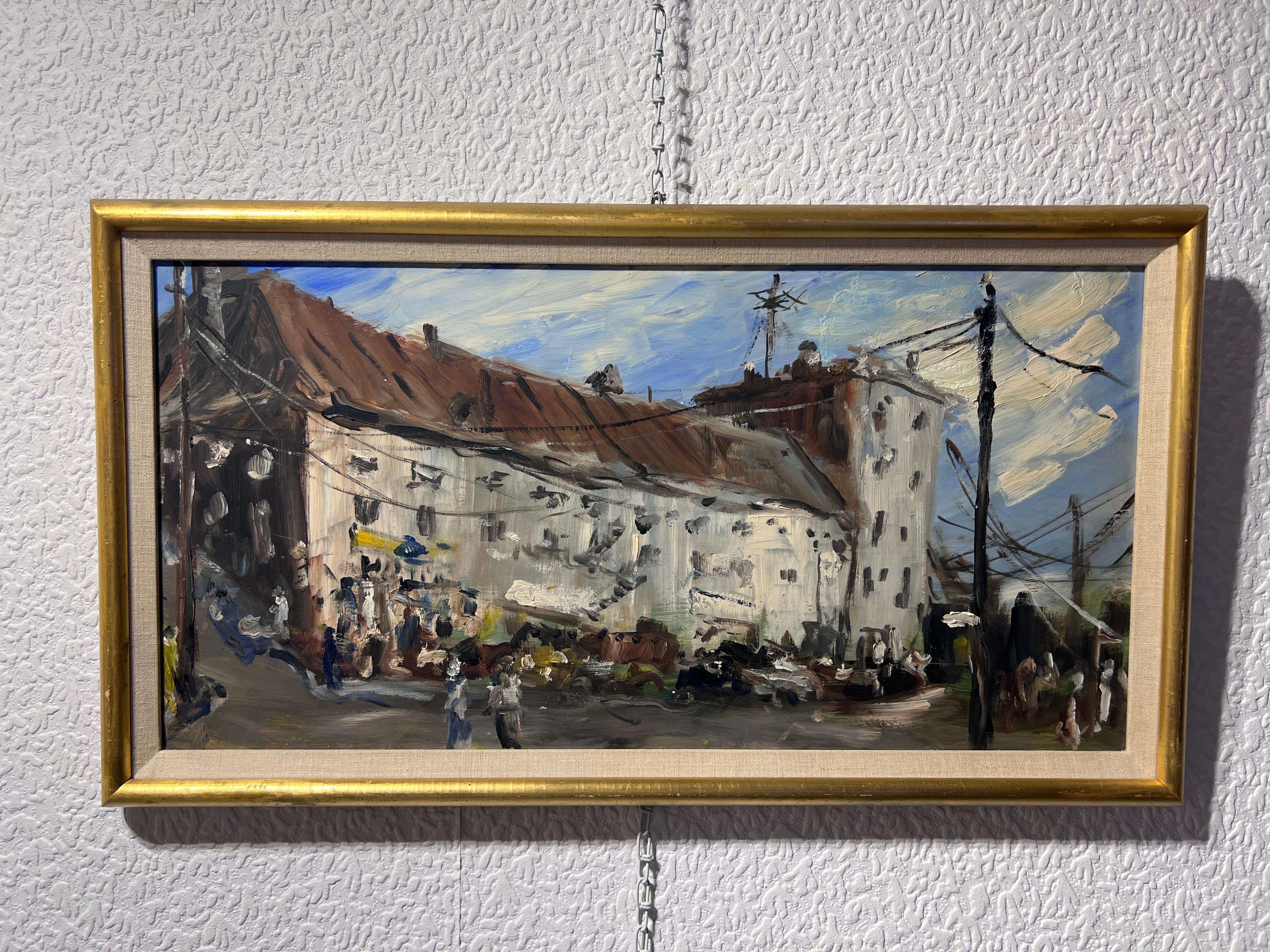 Original-Ölgemälde auf Karton, Europäische Stadtlandschaft, unsigniert, gerahmt – Painting von Unknown