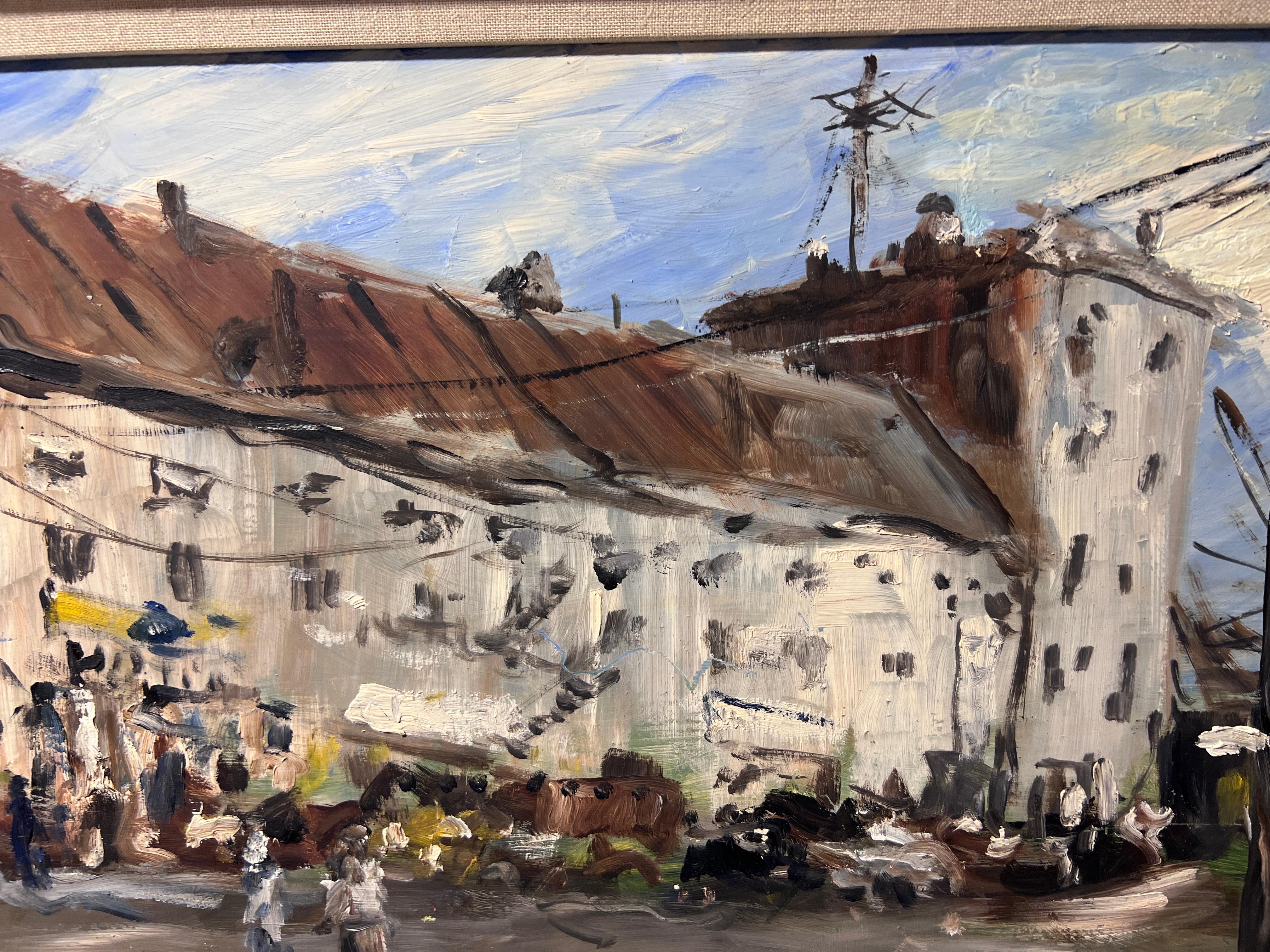 Original-Ölgemälde auf Karton, Europäische Stadtlandschaft, unsigniert, gerahmt (Impressionismus), Painting, von Unknown