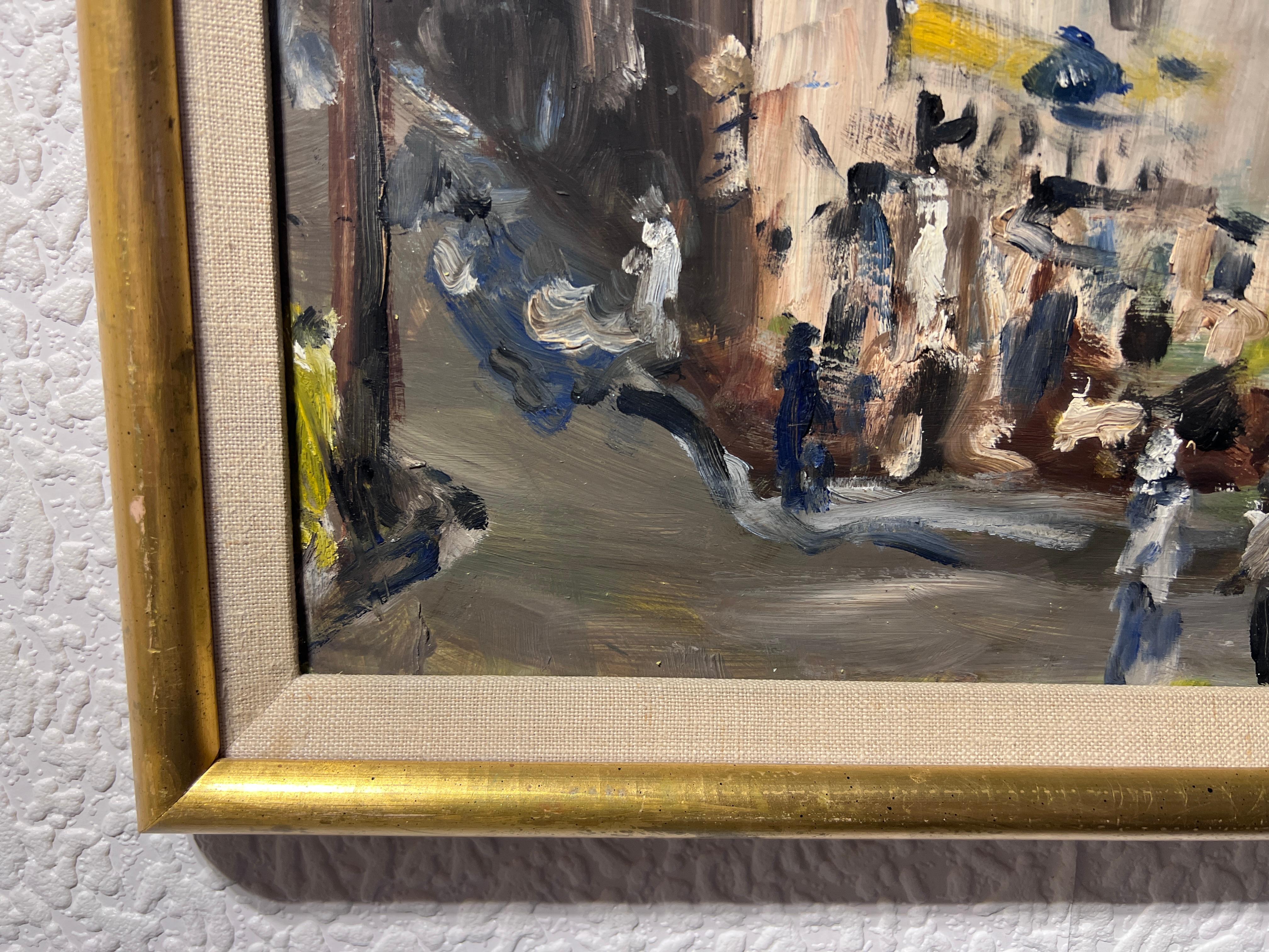 Original-Ölgemälde auf Karton, Europäische Stadtlandschaft, unsigniert, gerahmt (Grau), Landscape Painting, von Unknown