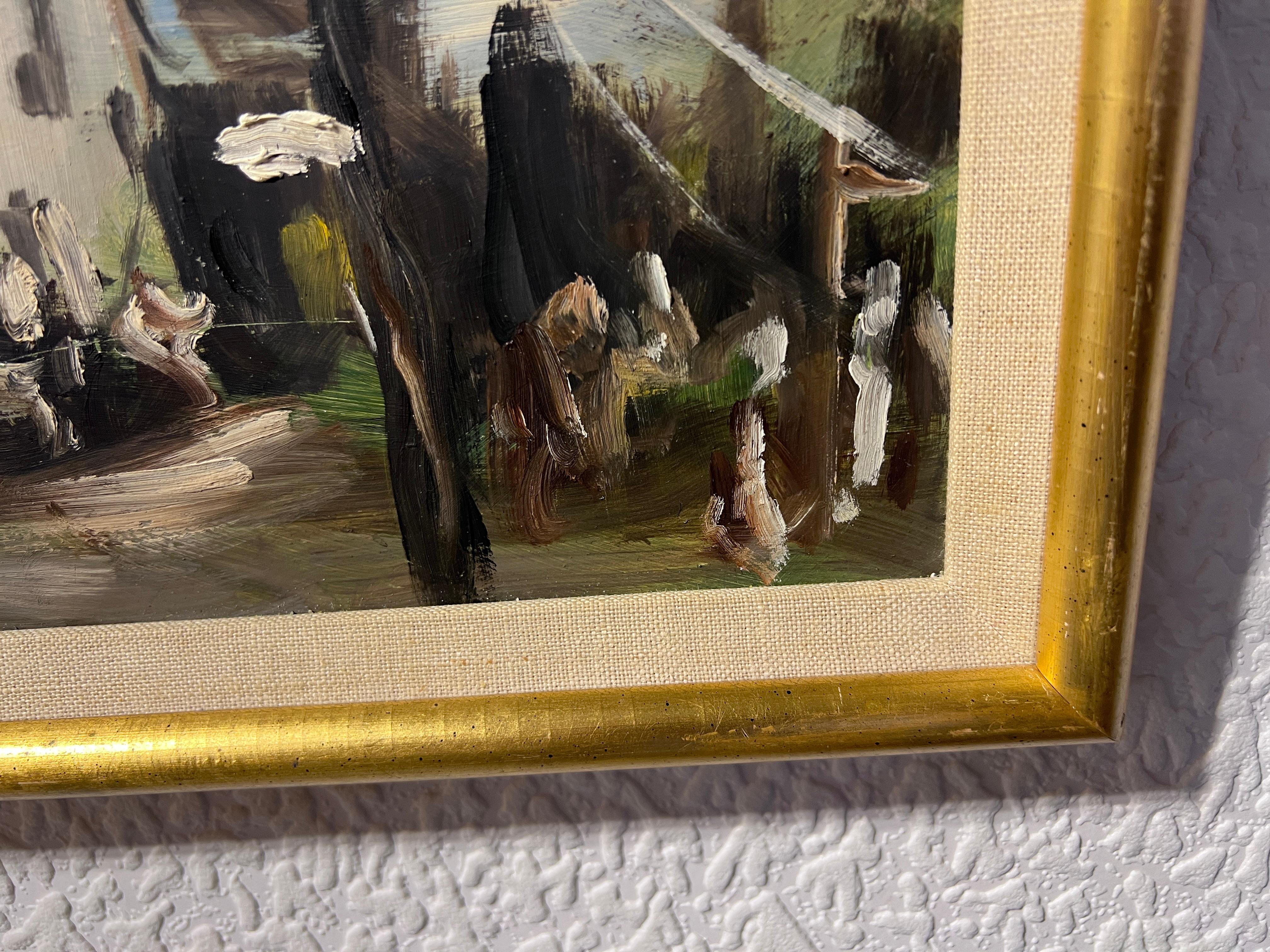 Original-Ölgemälde auf Karton, Europäische Stadtlandschaft, unsigniert, gerahmt im Angebot 2