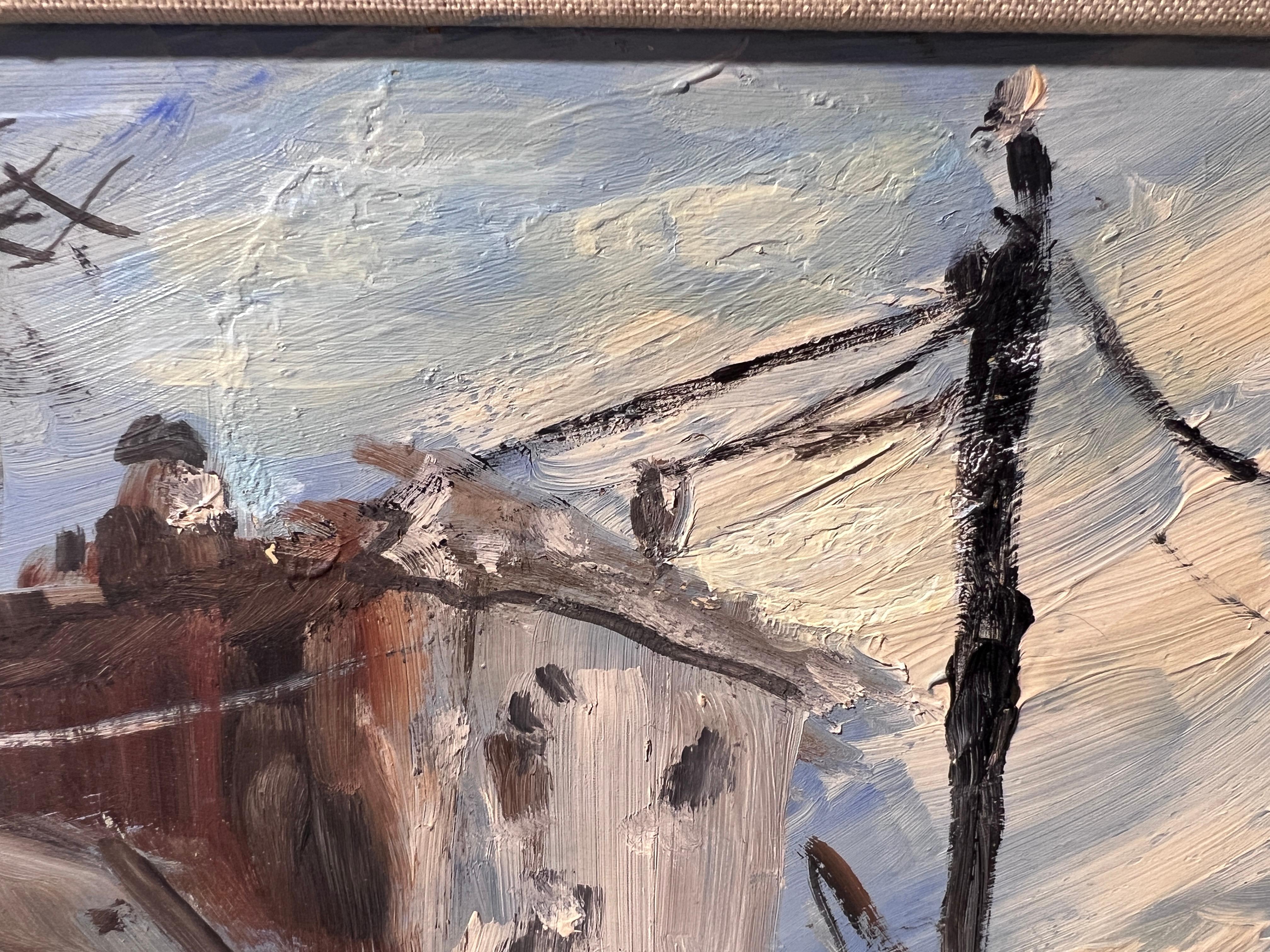Original-Ölgemälde auf Karton, Europäische Stadtlandschaft, unsigniert, gerahmt im Angebot 3