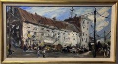 Original oil painting on board, European Cityscape, Unsigned, Framed