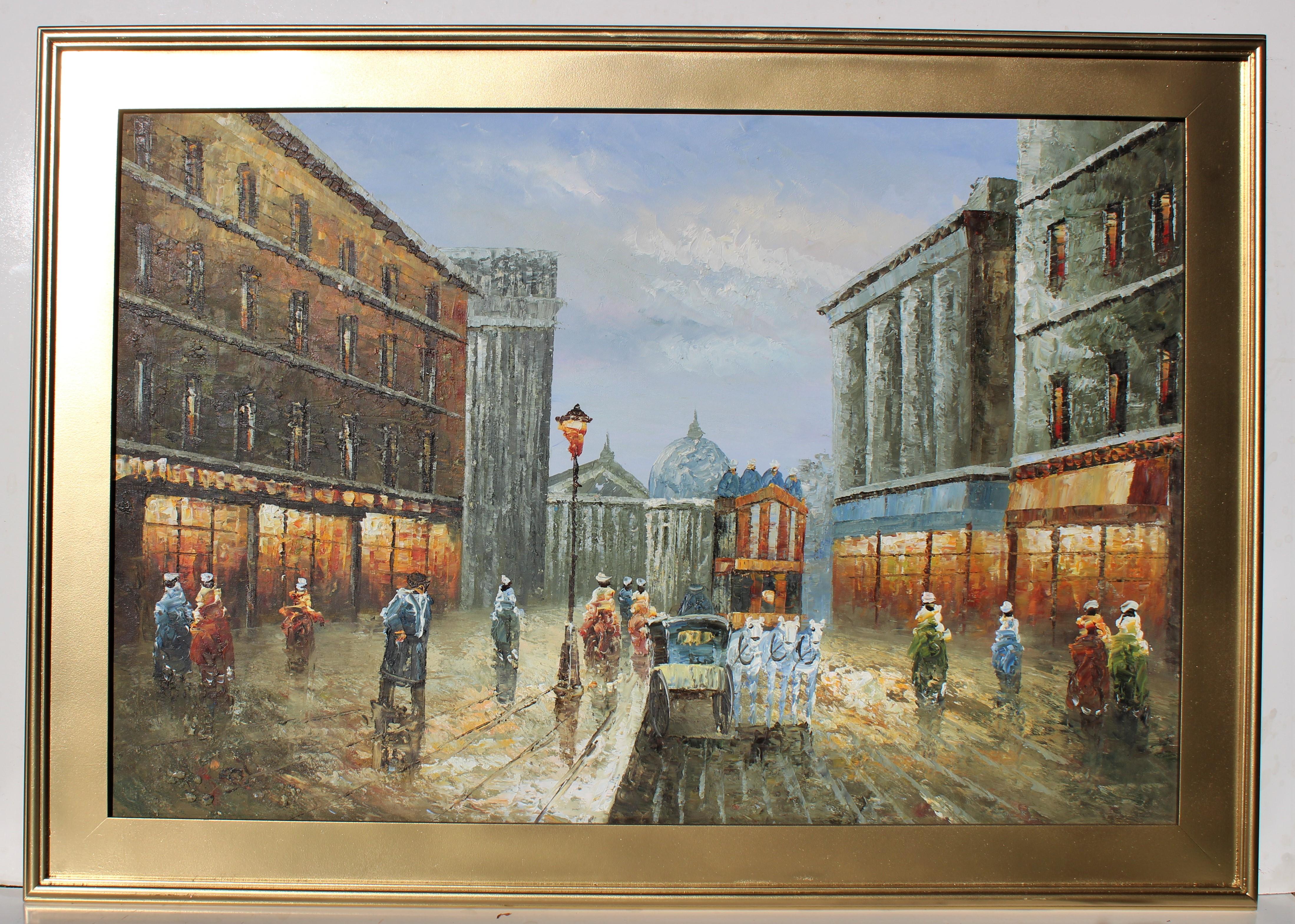 Óleo original sobre lienzo, paisaje urbano, París, sin firmar, enmarcado - Painting de Unknown