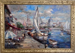 Pittura ad olio originale su tela Paesaggio costiero europeo, cornice decorata a mano