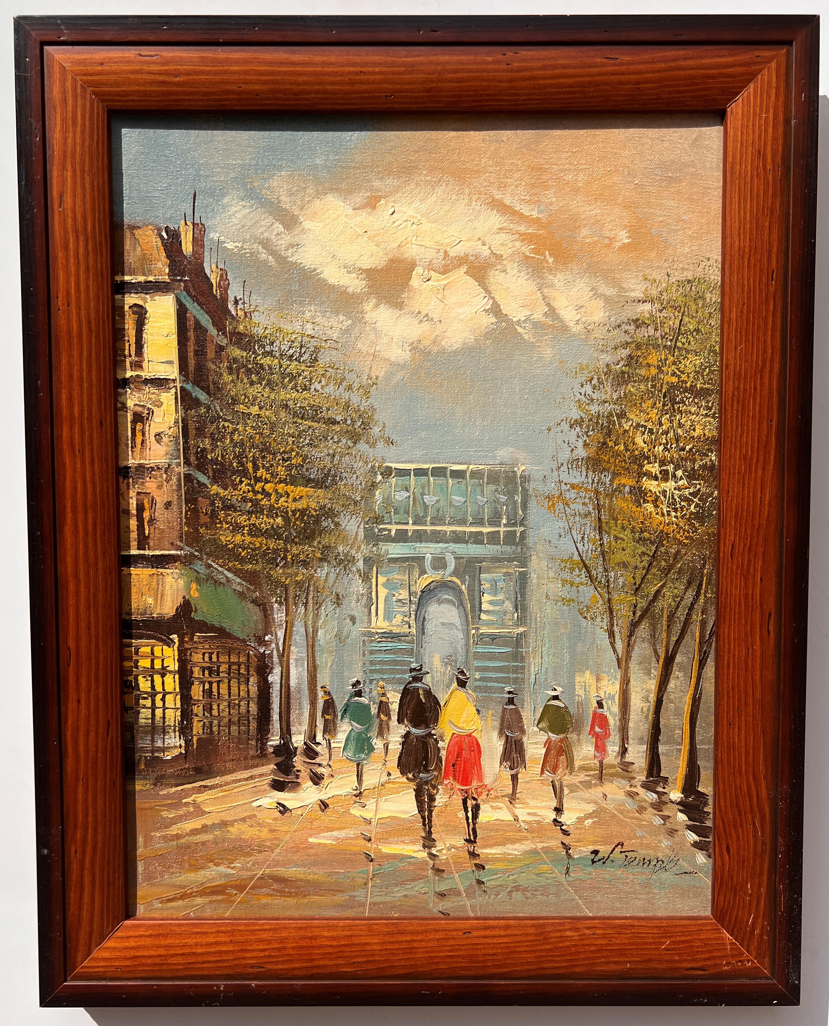 Landscape Painting de Unknown - Óleo original sobre lienzo Francia, París, Arco de Triunfo, Enmarcado, Firmado