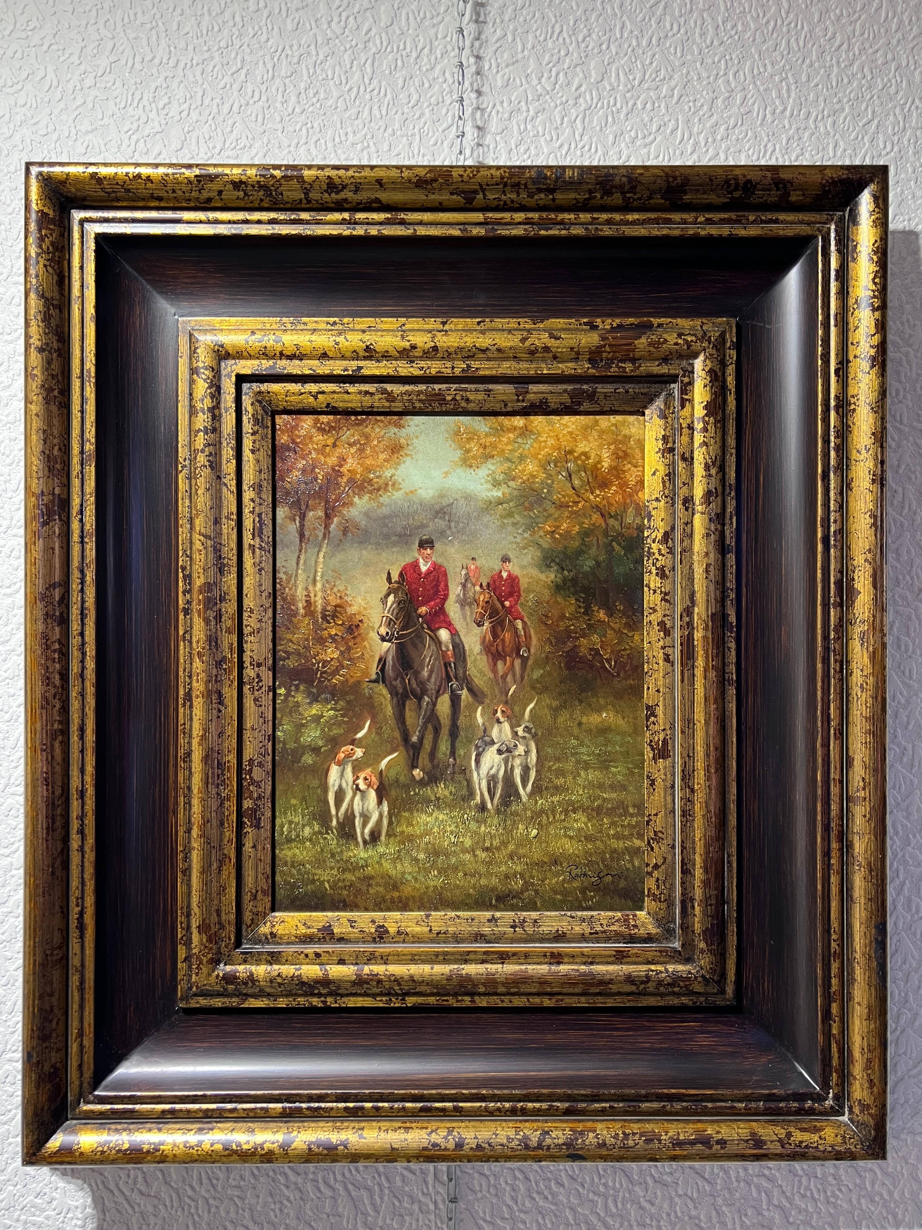 Dipinto a olio originale su tela, Scena di caccia, Incorniciato, Firmato - Painting di Unknown