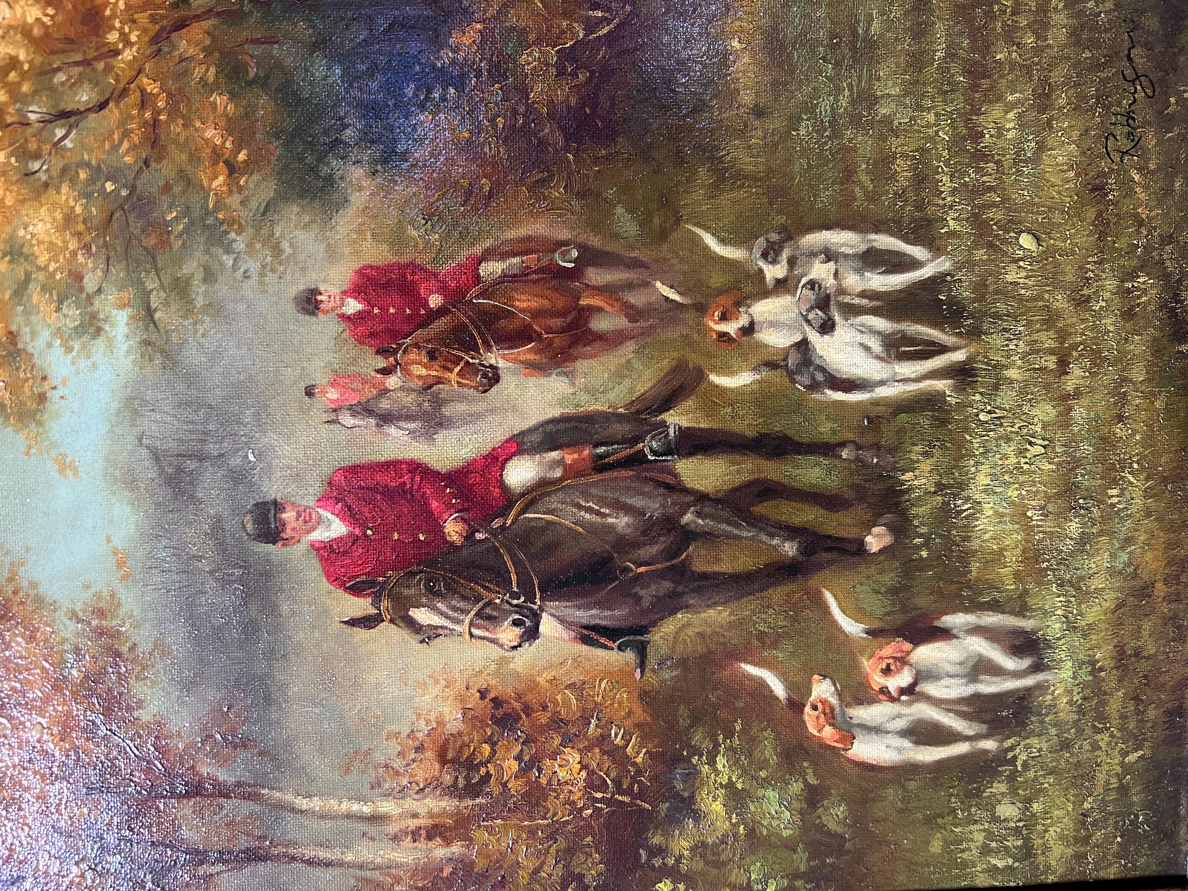 Dipinto a olio originale su tela, Scena di caccia, Incorniciato, Firmato - Painting Impressionismo di Unknown