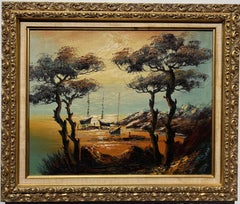 Vintage Original oil painting on canvas, Landscape, Seascape, Harbor, Sunset. Framed