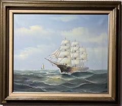 Original Ölgemälde auf Leinwand, Meereslandschaft, Segelschiff im Ozean, gerahmt