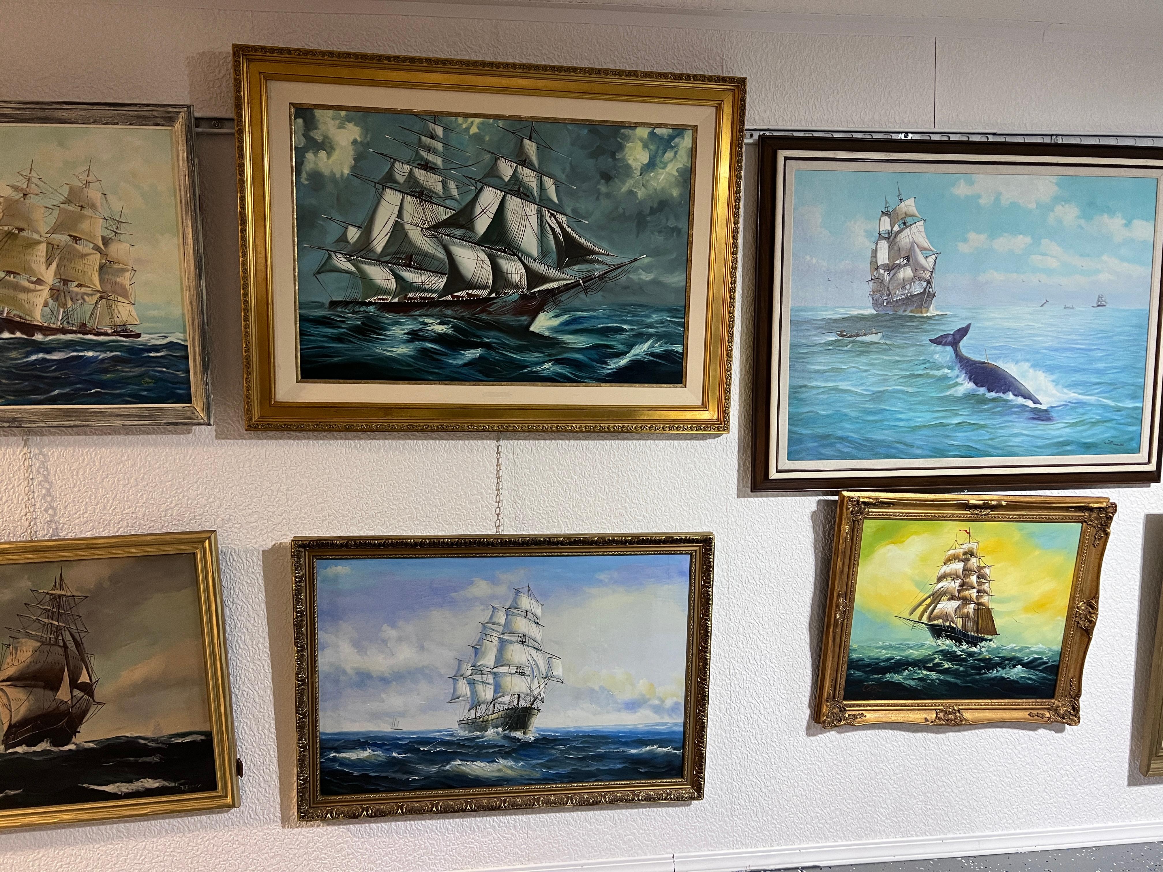 Óleo original sobre lienzo, paisaje marino, Barco de vela, firmado, enmarcado en venta 5