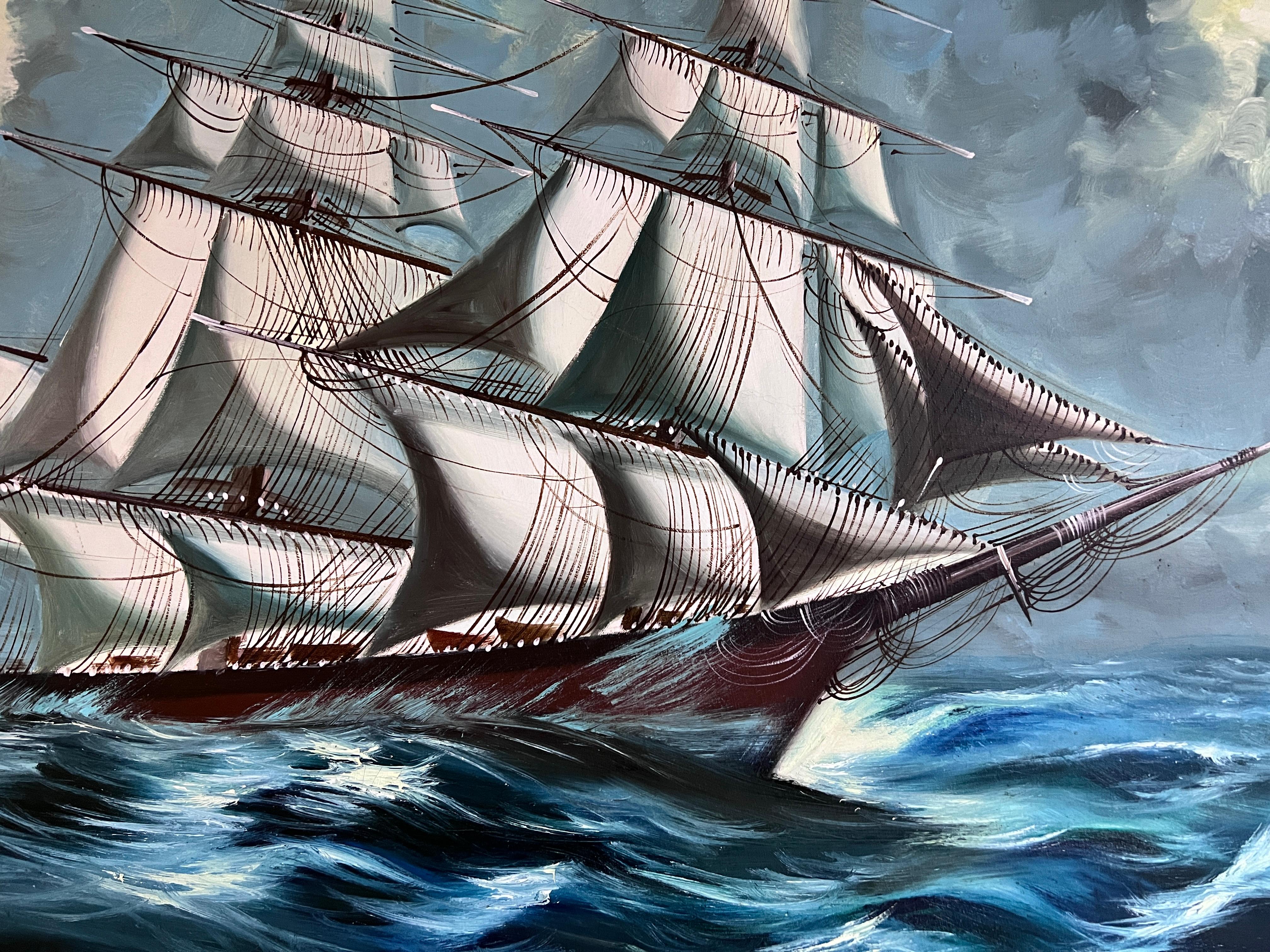 Óleo original sobre lienzo, paisaje marino, Barco de vela, firmado, enmarcado - Painting Impresionista de Unknown