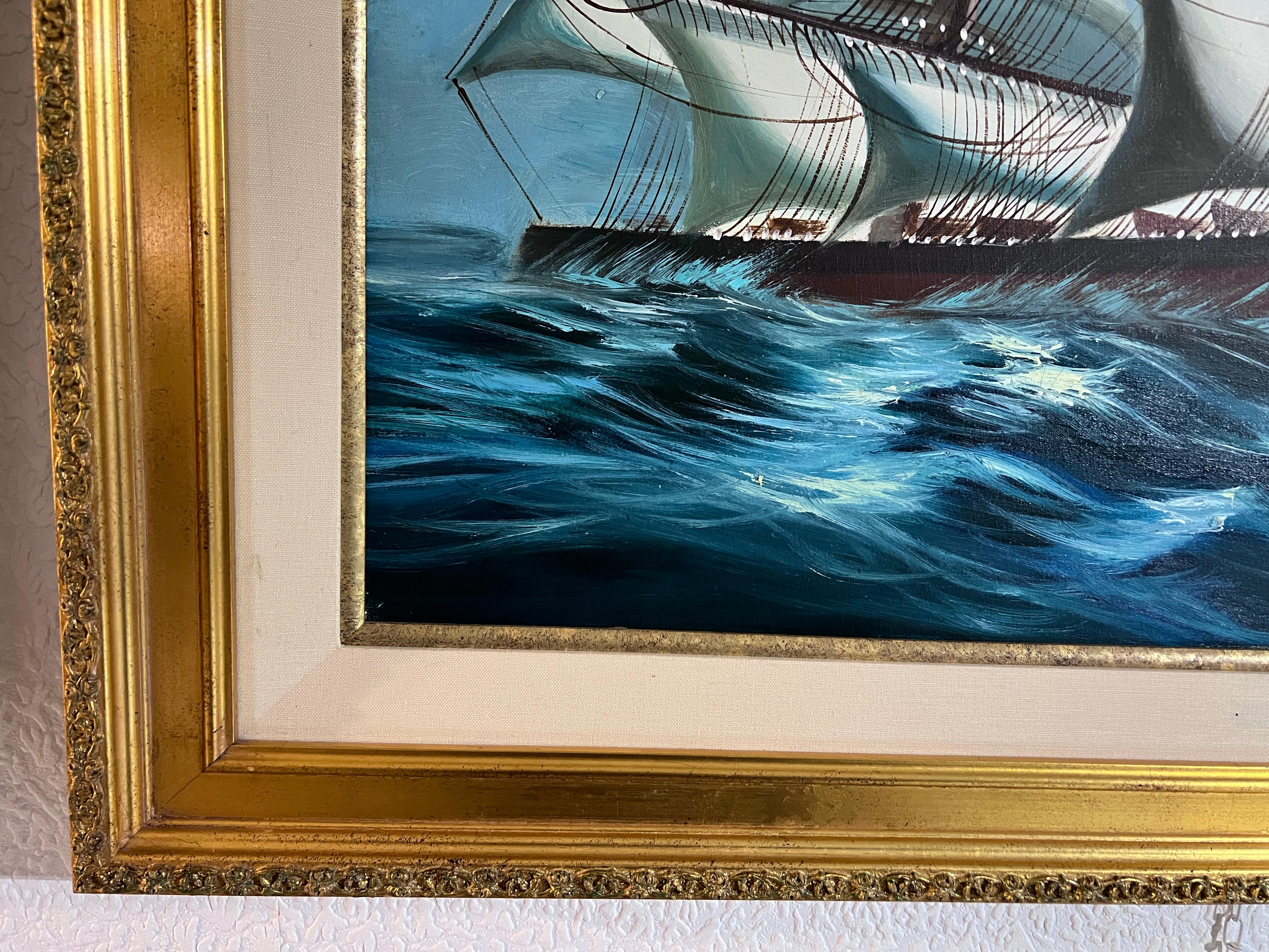 Óleo original sobre lienzo, paisaje marino, Barco de vela, firmado, enmarcado - Landscape Painting Gris de Unknown