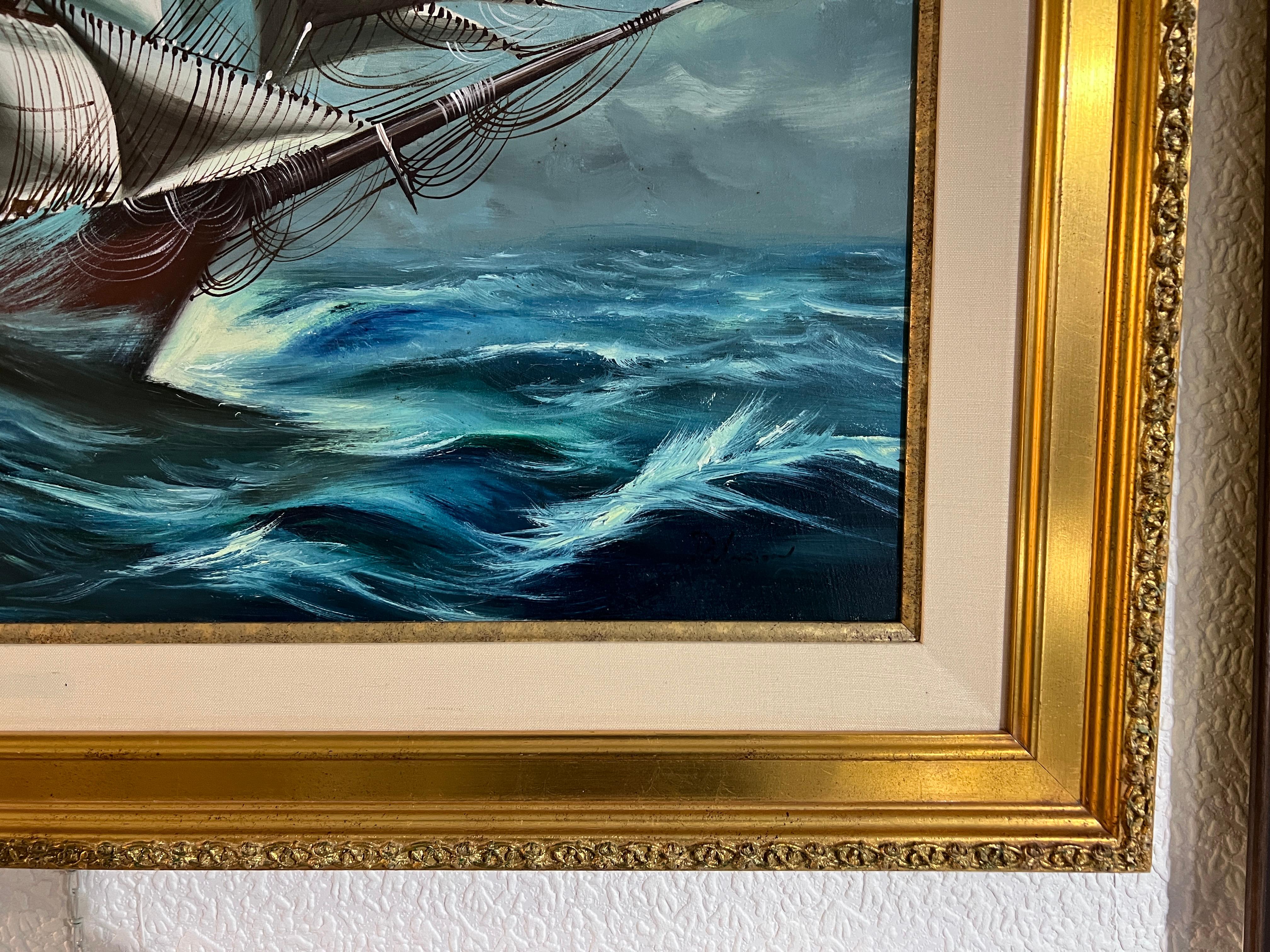 Se trata de un óleo original sobre lienzo, que representa un majestuoso velero navegando vigorosamente por mares turbulentos. El barco se muestra con gran detalle, con todas las velas desplegadas, atrapando el viento con fuerza, lo que añade una
