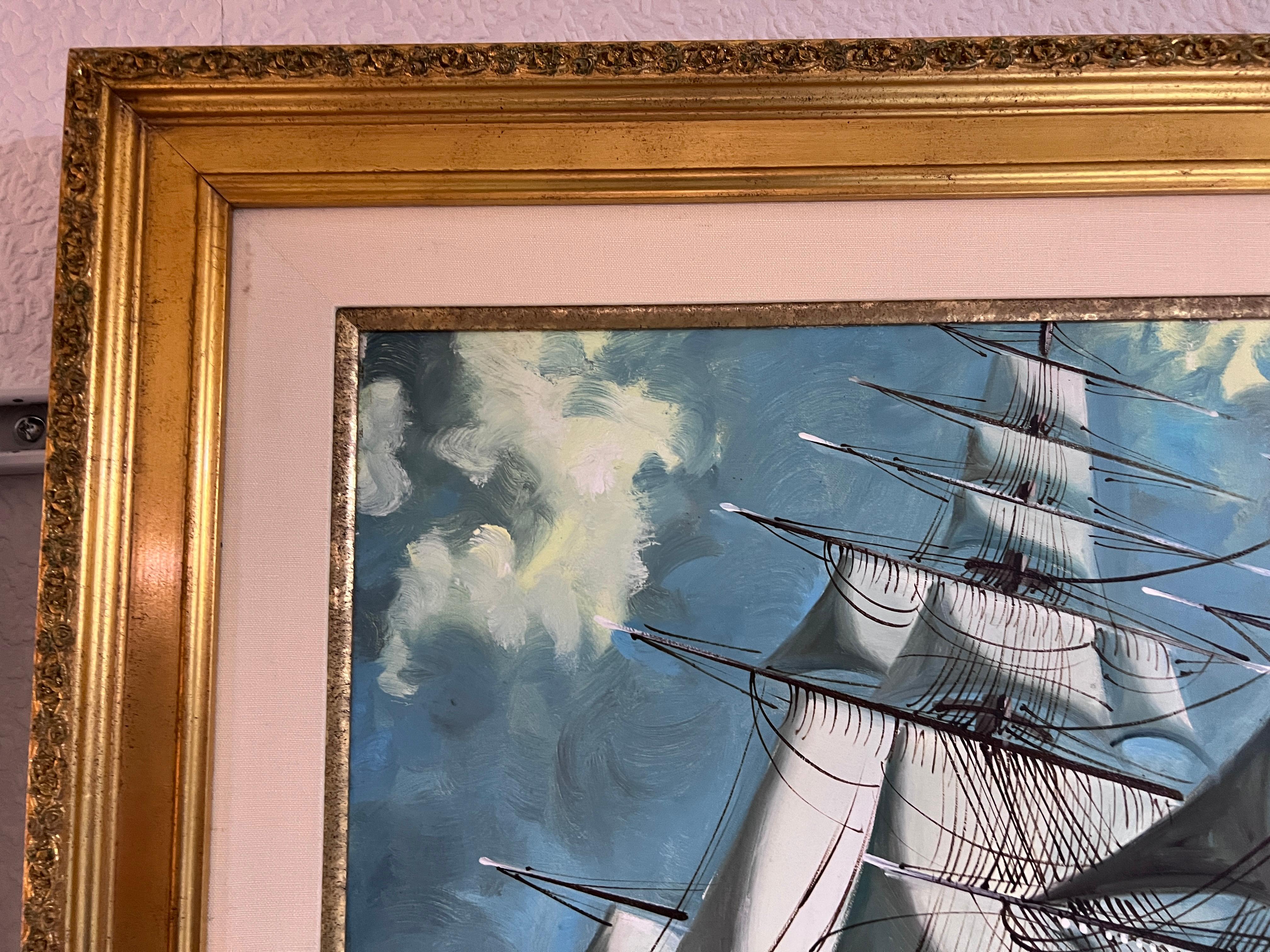 Óleo original sobre lienzo, paisaje marino, Barco de vela, firmado, enmarcado en venta 2