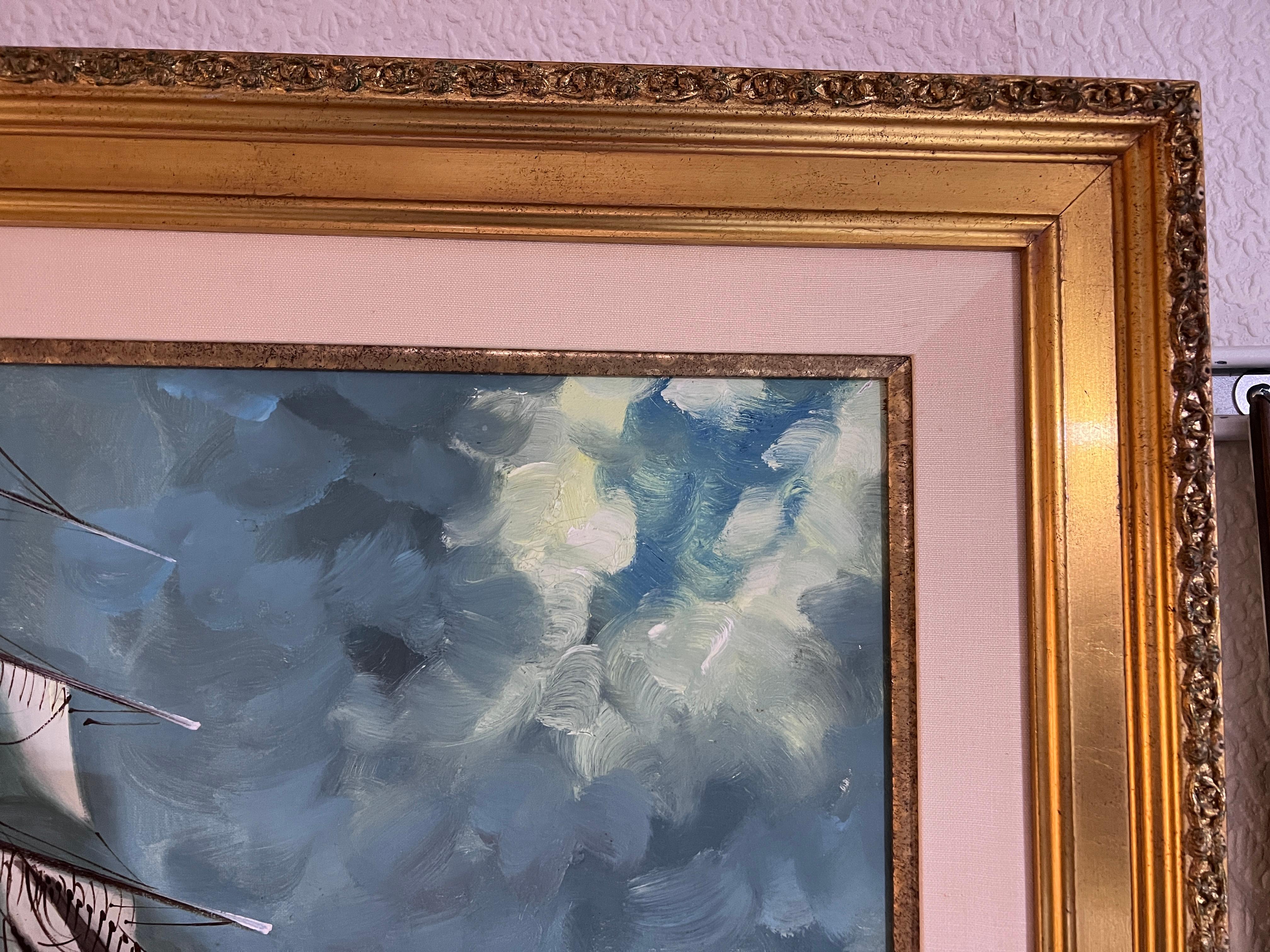 Óleo original sobre lienzo, paisaje marino, Barco de vela, firmado, enmarcado en venta 3