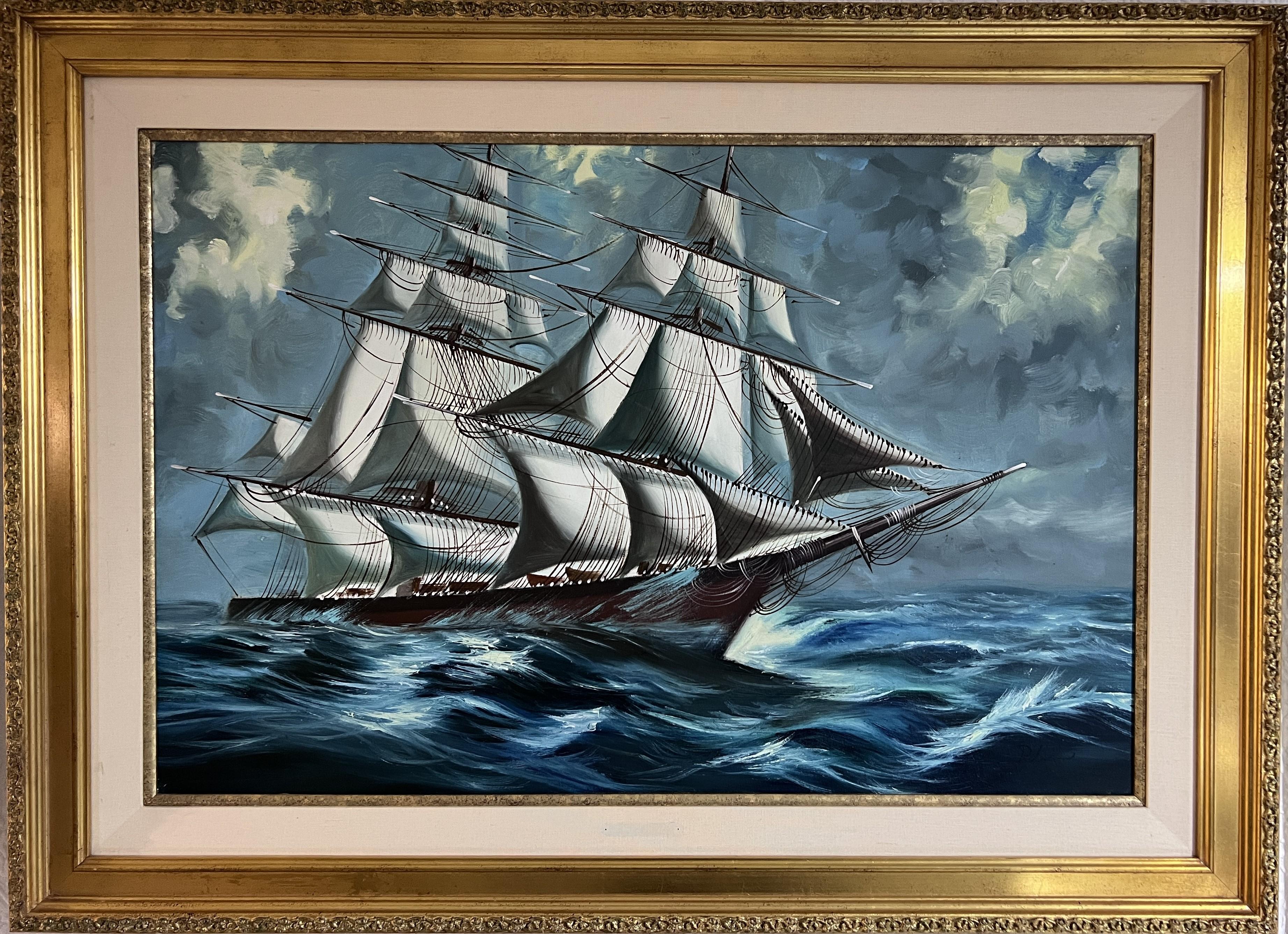Landscape Painting de Unknown - Óleo original sobre lienzo, paisaje marino, Barco de vela, firmado, enmarcado