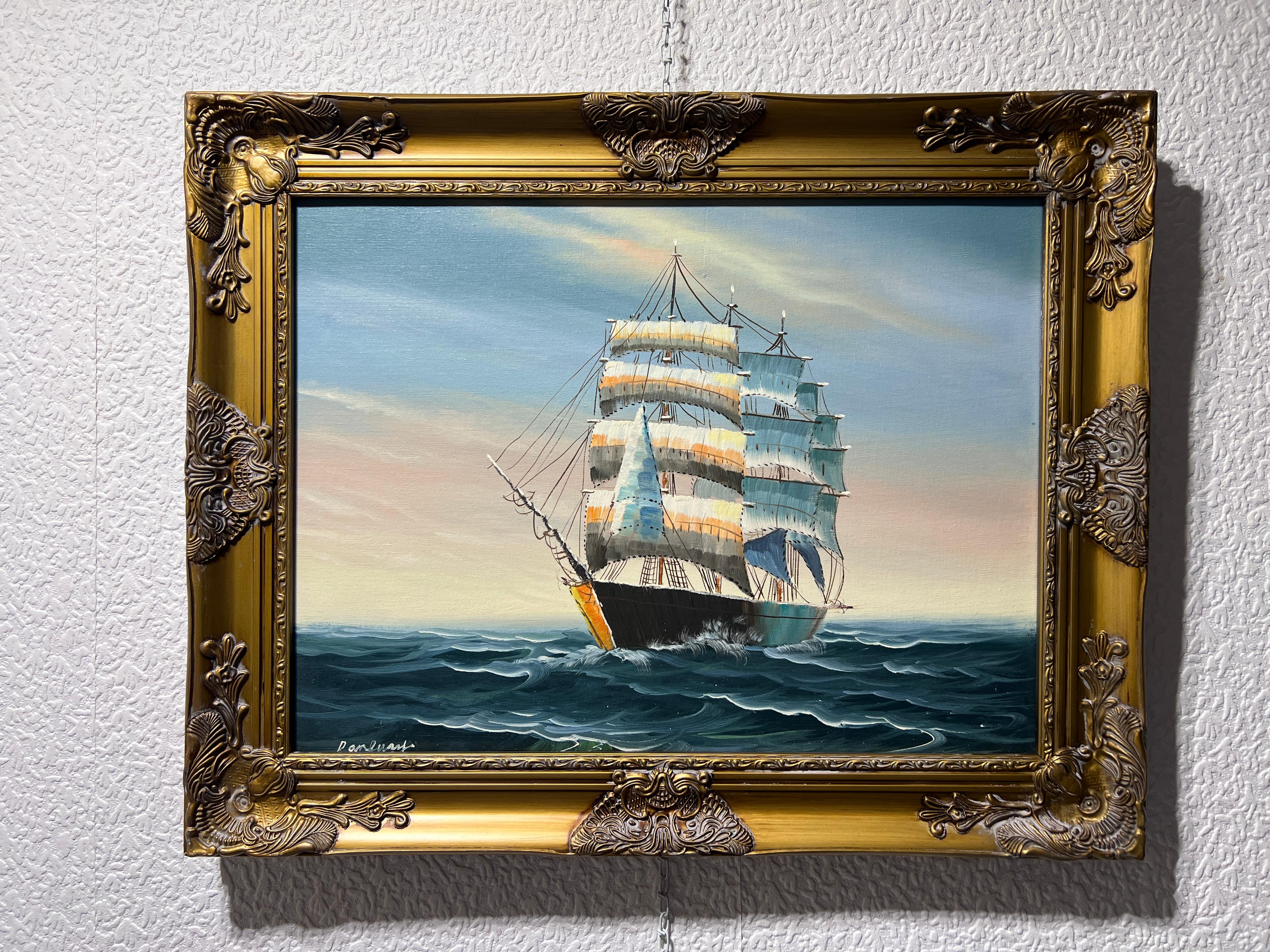 Peinture originale à l'huile sur toile, paysage marin, bateau à voile, signée, cadre doré - Painting de Unknown