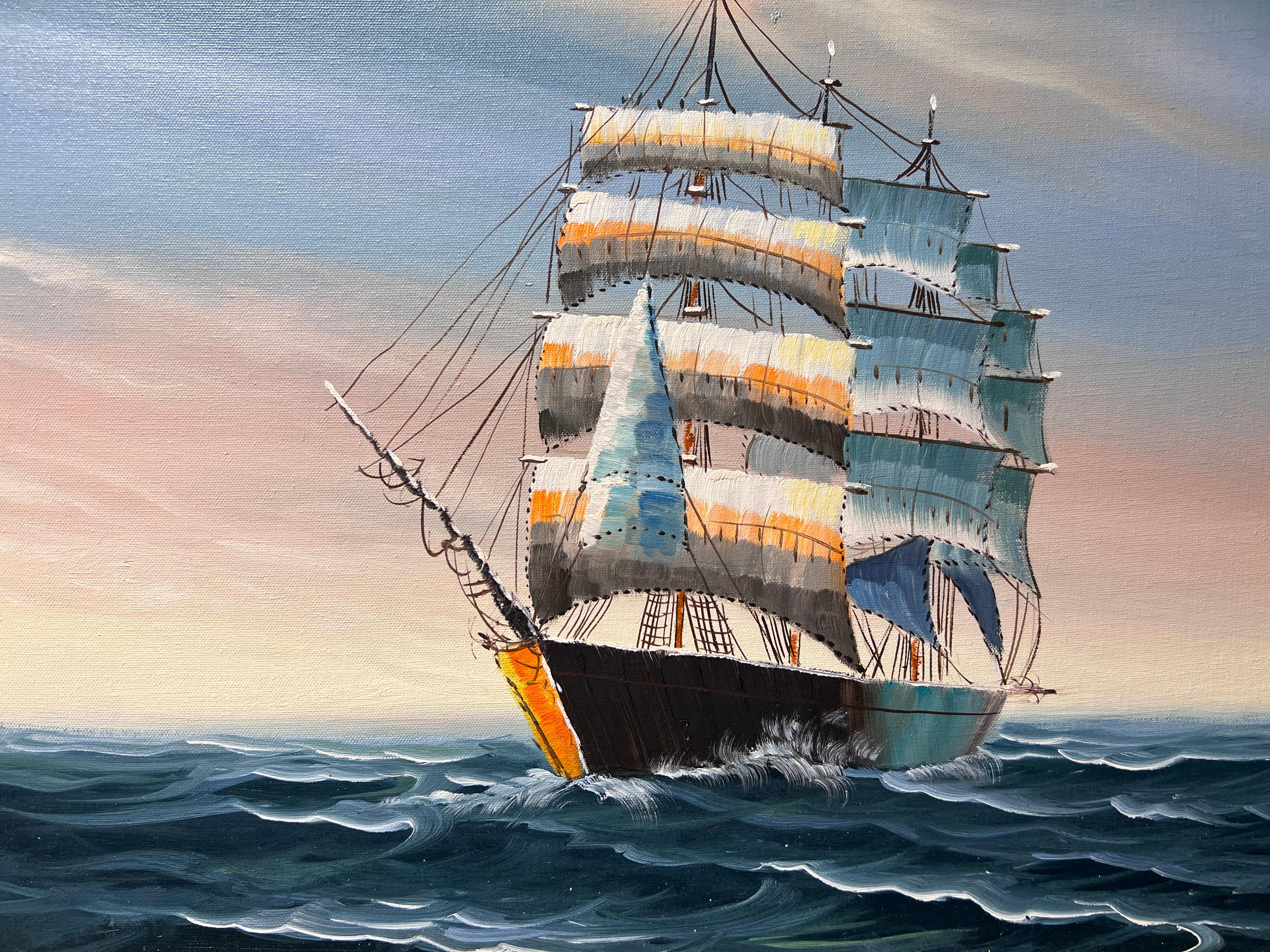 Peinture originale à l'huile sur toile, paysage marin, bateau à voile, signée, cadre doré - Impressionnisme Painting par Unknown