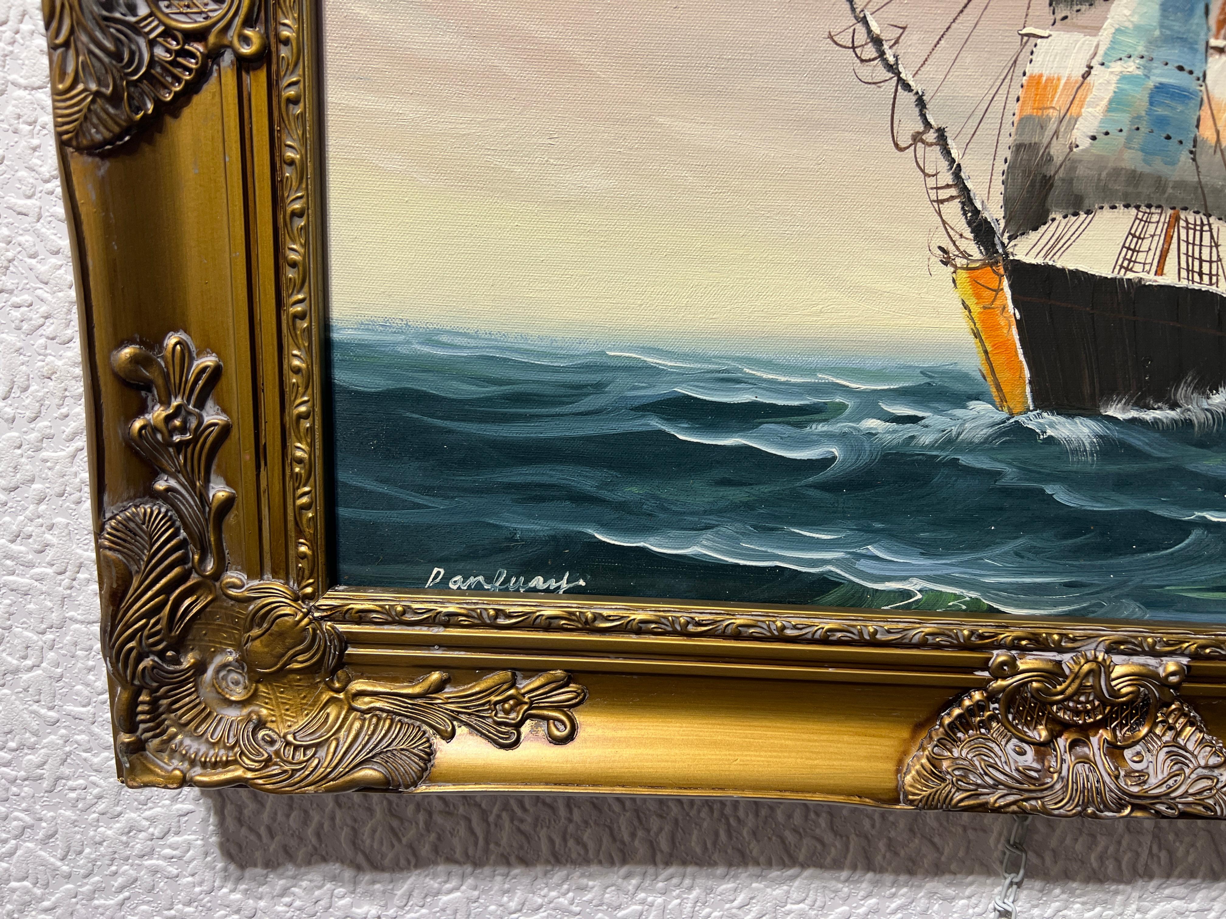 This is an original oil painting on canvas - a seascape featuring a sailing ship in the stormy ocean depicts a dramatic and turbulent scene with the ship battling against the forces of nature. The waves are high and rough, with whitecaps and foam