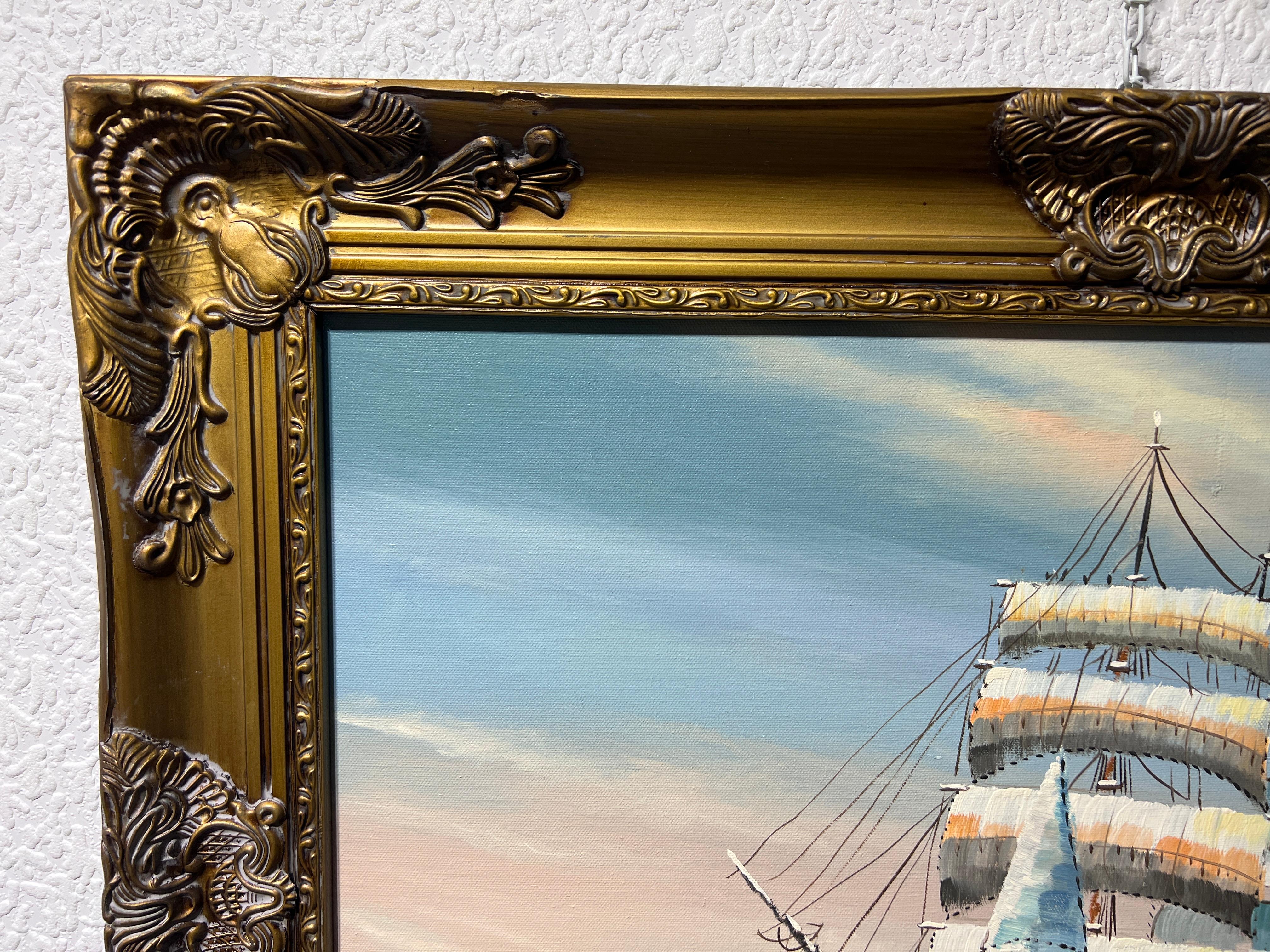 Peinture originale à l'huile sur toile, paysage marin, bateau à voile, signée, cadre doré en vente 1