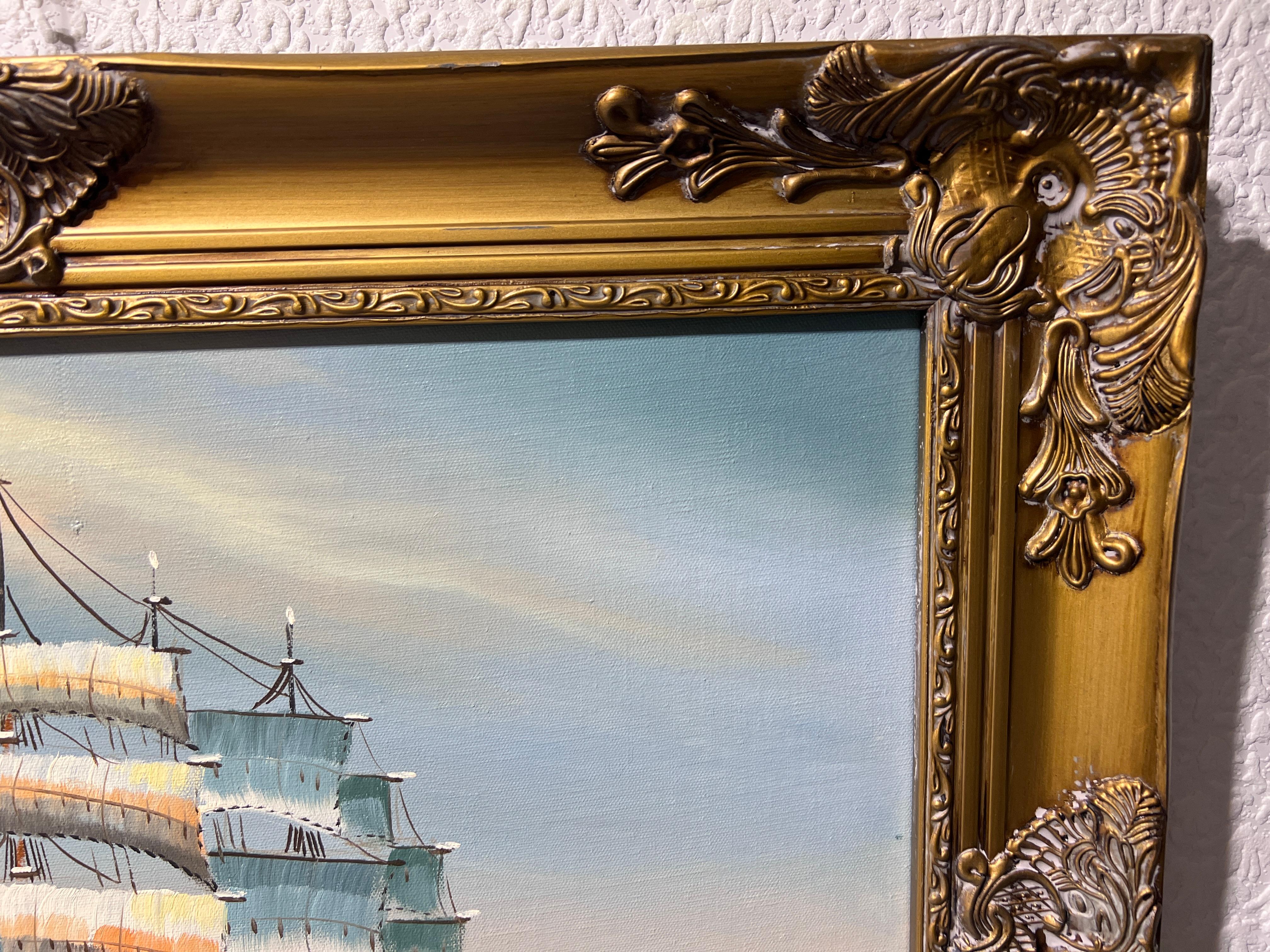 Peinture originale à l'huile sur toile, paysage marin, bateau à voile, signée, cadre doré en vente 2